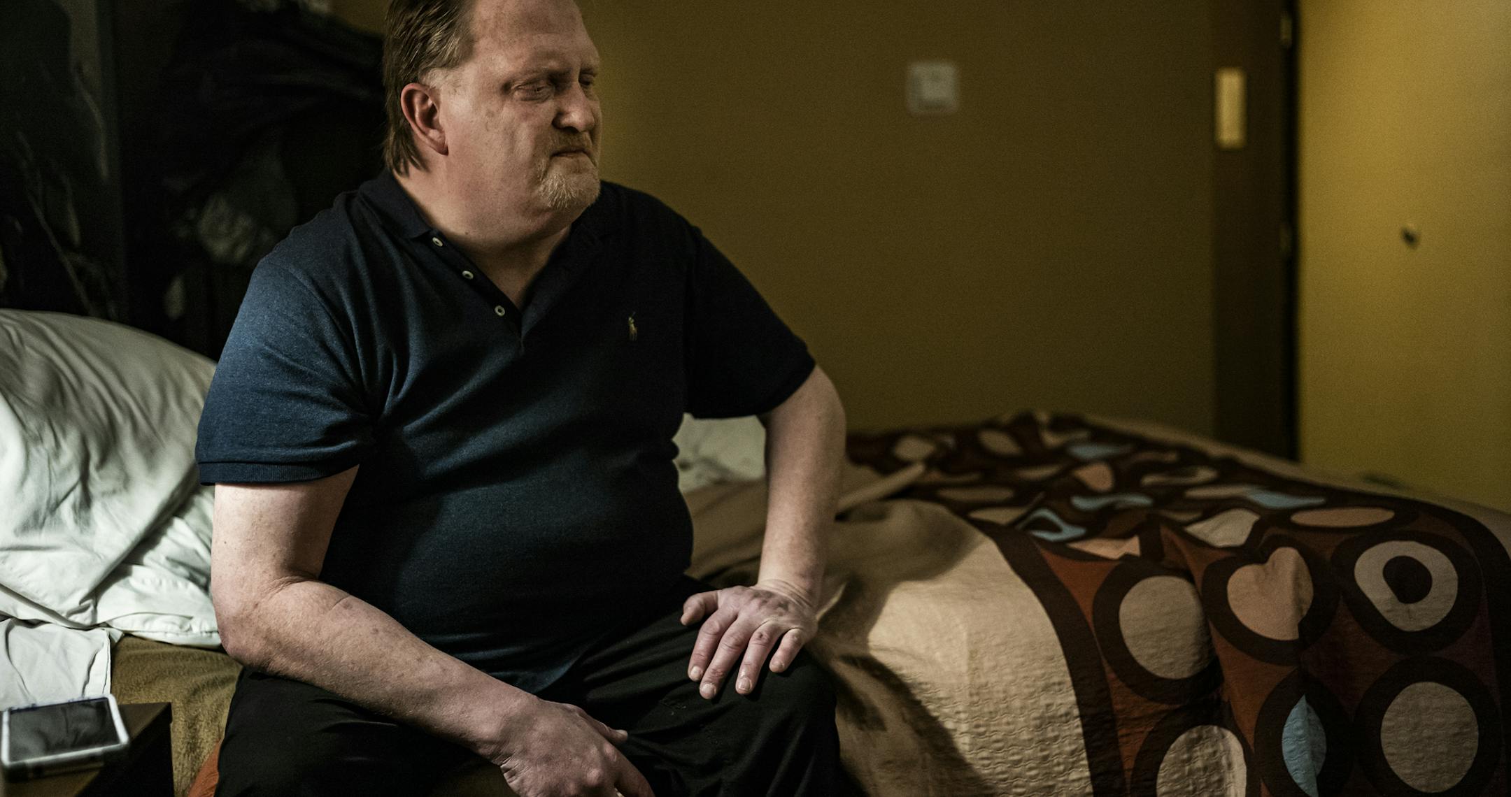 Erik Wiltscheck has been homeless and living in a motel in Brooklyn Center since he was evicted last week from a "sober home" in Minneapolis. Wiltscheck, who is 51, is also struggling from trauma after witnessing the murder of two boys in his neighborhood on December 1.] RICHARD TSONG-TAATARII ¥ richard.tsong-taatarii@startribune.com