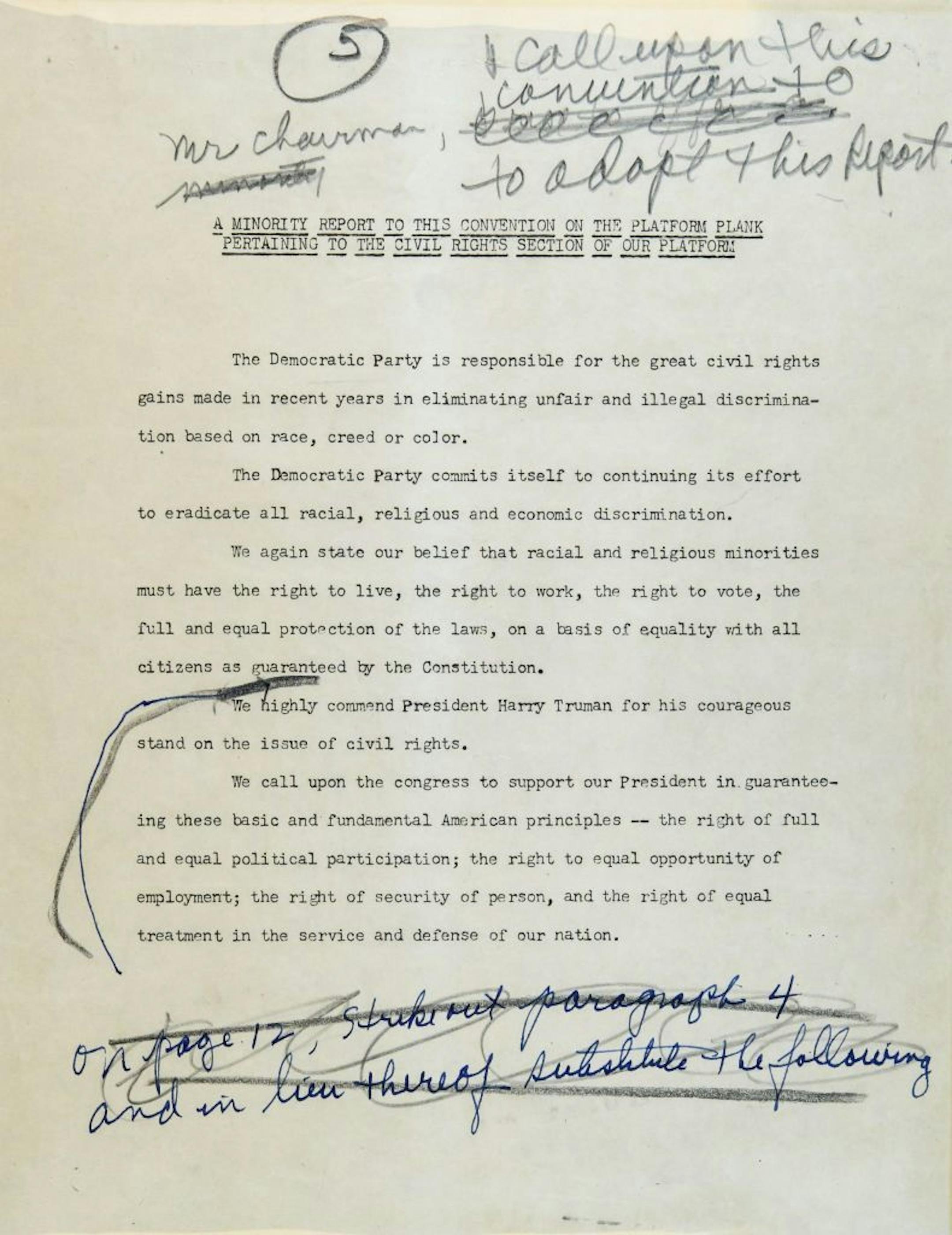 Page 5 of Hubert Humphrey's original speech that he delivered to the Democratic convention in 1948 on civil rights, kept deep in the basement of the Minnesota History Center.