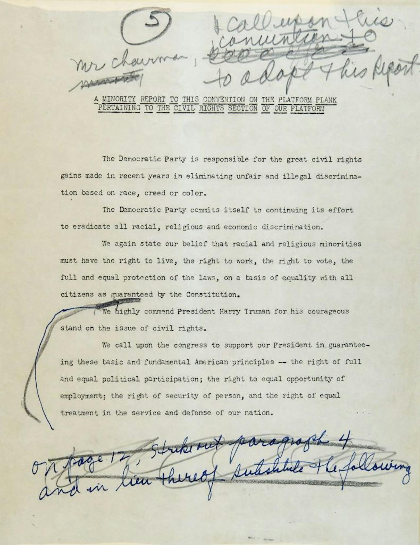 Page 5 of Hubert Humphrey's original speech that he delivered to the Democratic convention in 1948 on civil rights, kept deep in the basement of the Minnesota History Center.