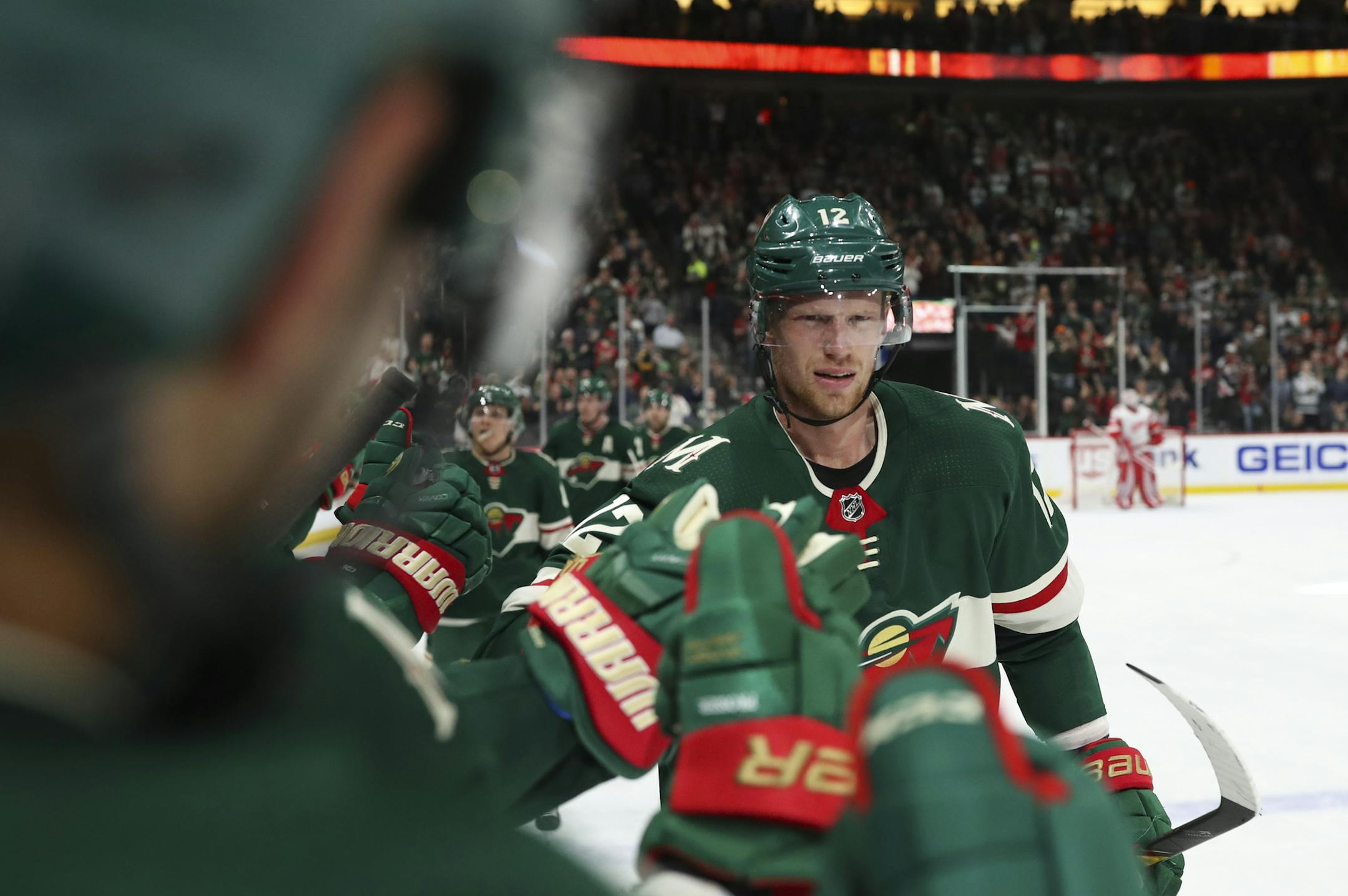 Minnesota Wild center Eric Staal (12) skated past the bench to receive congratulations for tying the game 1-1 on a power play in the second period. ] JEFF WHEELER ï jeff.wheeler@startribune.com The Minnesota Wild faced the Detroit Red Wings in an NHL hockey game Sunday night, March 4, 2018 at Xcel Energy Center in St. Paul.