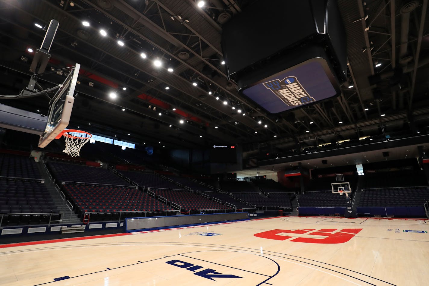 A view of the March Madness logo inside the Dayton Arena. The coronavirus outbreak abruptly ended the NCAA sports season, including the men's and women's basketball tournaments.