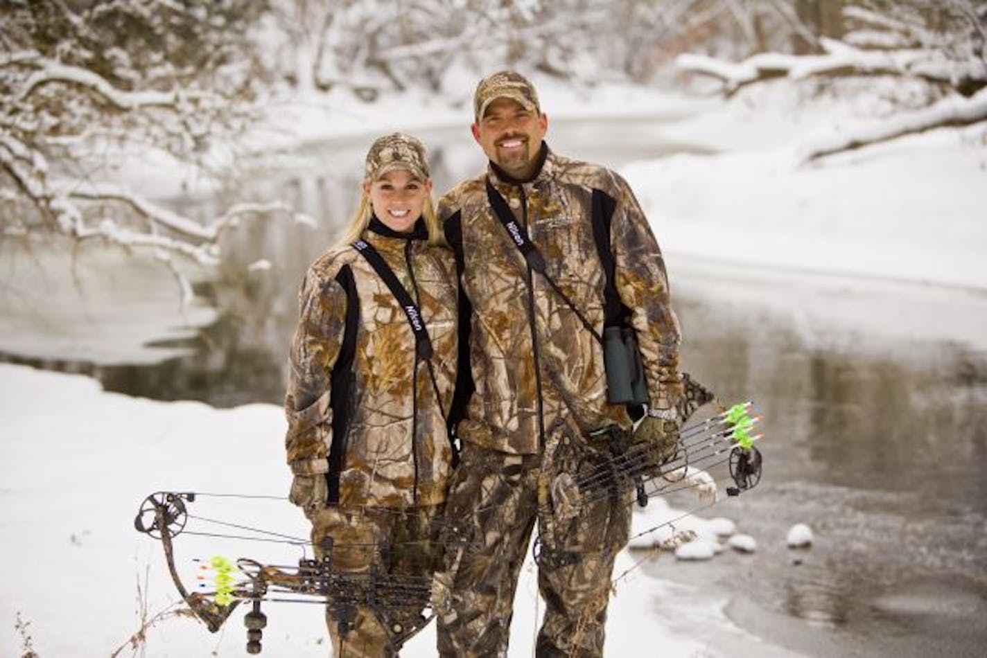 Former Minnesotans Lee and Tiffany Lakosky (above) star in their own television hunting show on the Outdoor Channel. Below, they pose with big bucks they shot with a bow in Iowa, where they now live.