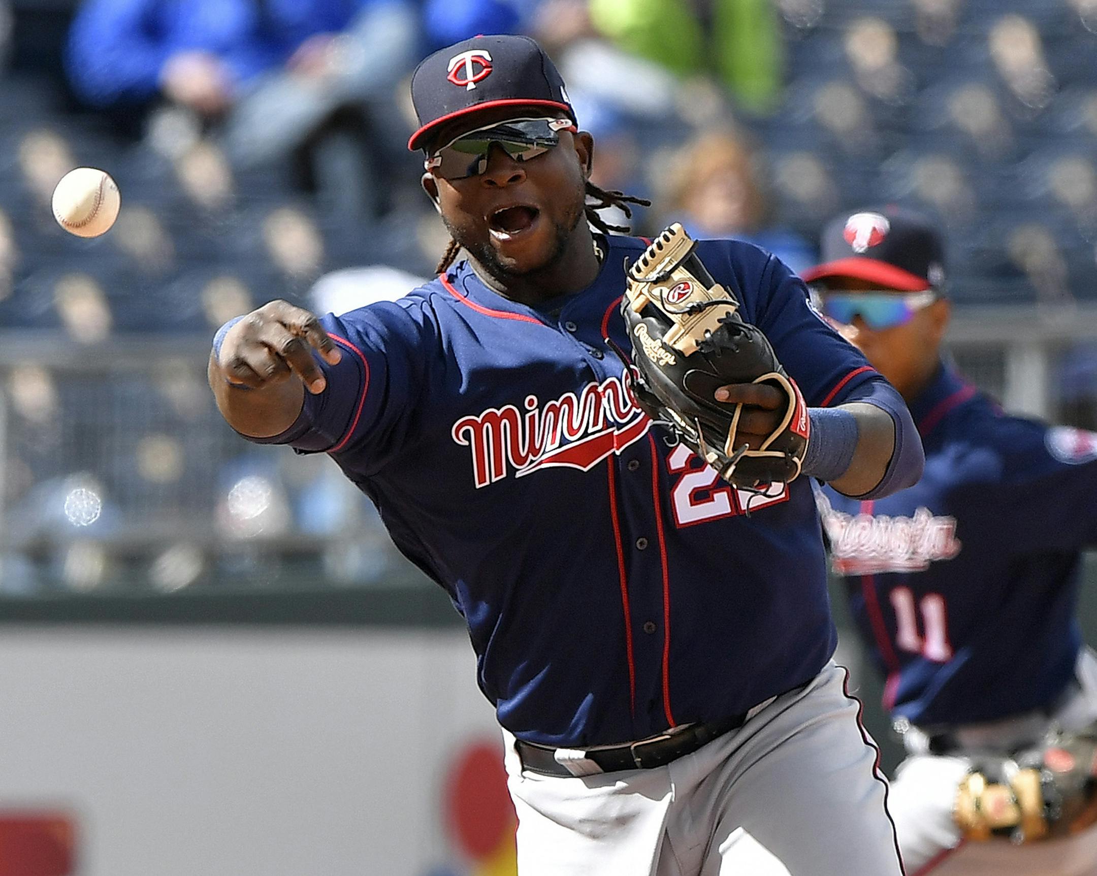 Minnesota Twins third baseman Miguel Sano throws out Kansas City Royals' Jorge Bonifacio on a ground out in the sixth inning on Sunday, April 30, 2017 at Kauffman Stadium in Kansas City, Mo. (John Sleezer/Kansas City Star/TNS) ORG XMIT: 1201506