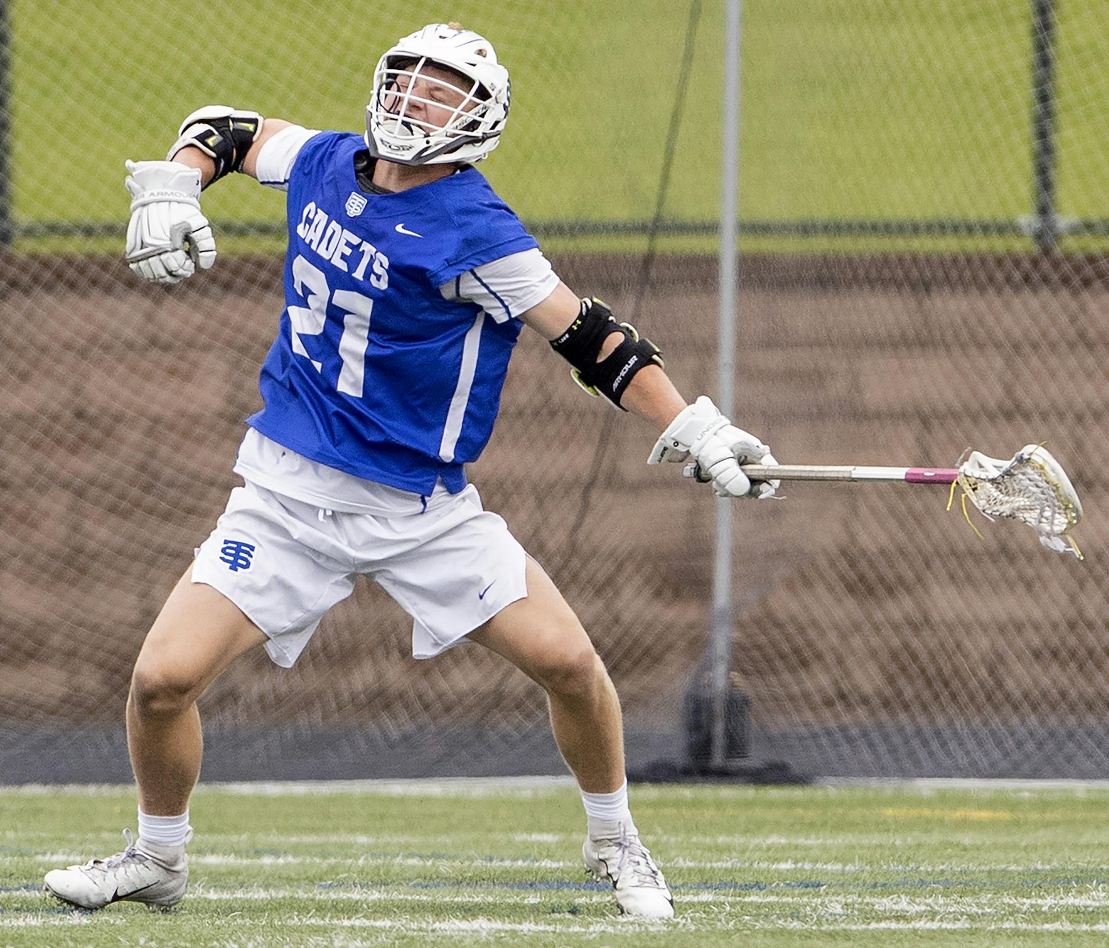 Luke Williams (21) of St. Thomas Academy celebrated after scoring a goal. ] CARLOS GONZALEZ • cgonzalez@startribune.com – Chanhassen, MN – June 11, 2019, High School / Prep Boys' lacrosse state quarterfinals, Mahtomedi 8 vs. St. Thomas Academy 11