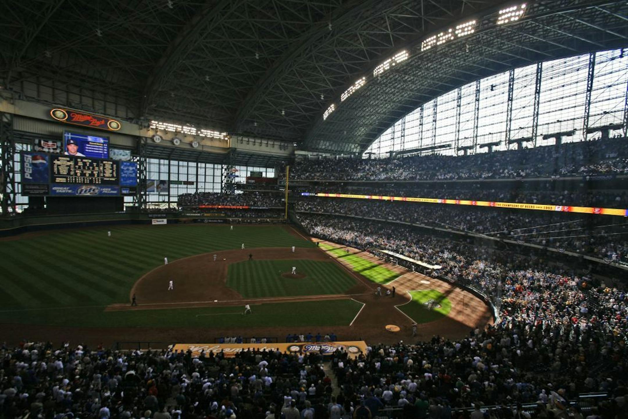 Sunlight streams in on the playing field during a baseball game between the Milwaukee Brewers and the Los Angeles Dodgers at Miller Park in Milwaukee, Monday, April 2, 2007. The Brewers beat the Dodgers 7-1.