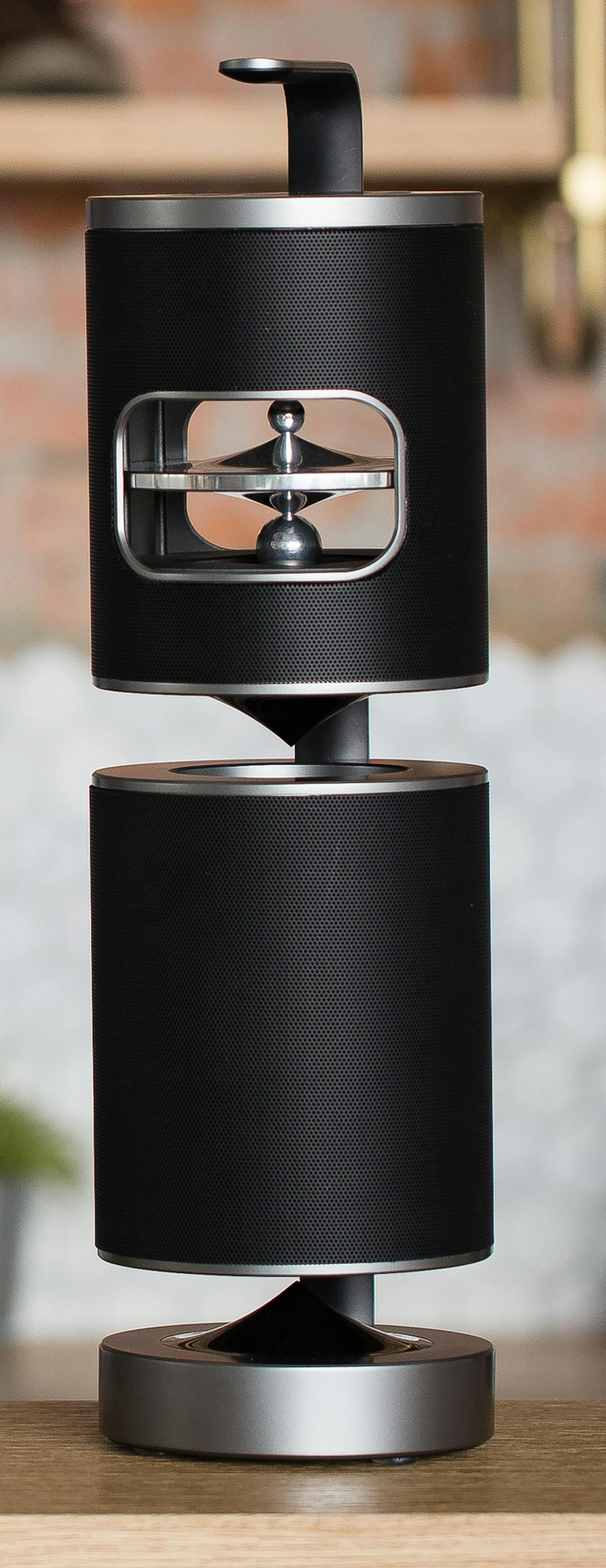 The UPstage 360 three-way speaker can produce as much deep bass as a large bookshelf speaker, yet is compact enough to fit on a tabletop.