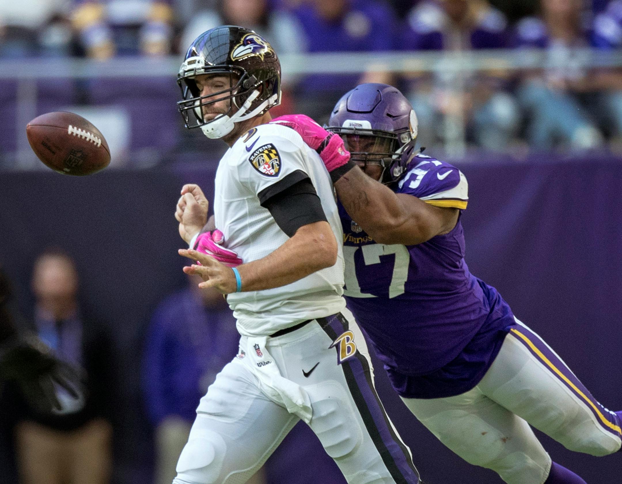 Vikings defensive end Everson Griffen sacked Ravens quarterback Joe Flacco on the final drive of the game Sunday. Griffen is one reason the offense hasn't had to press this season.