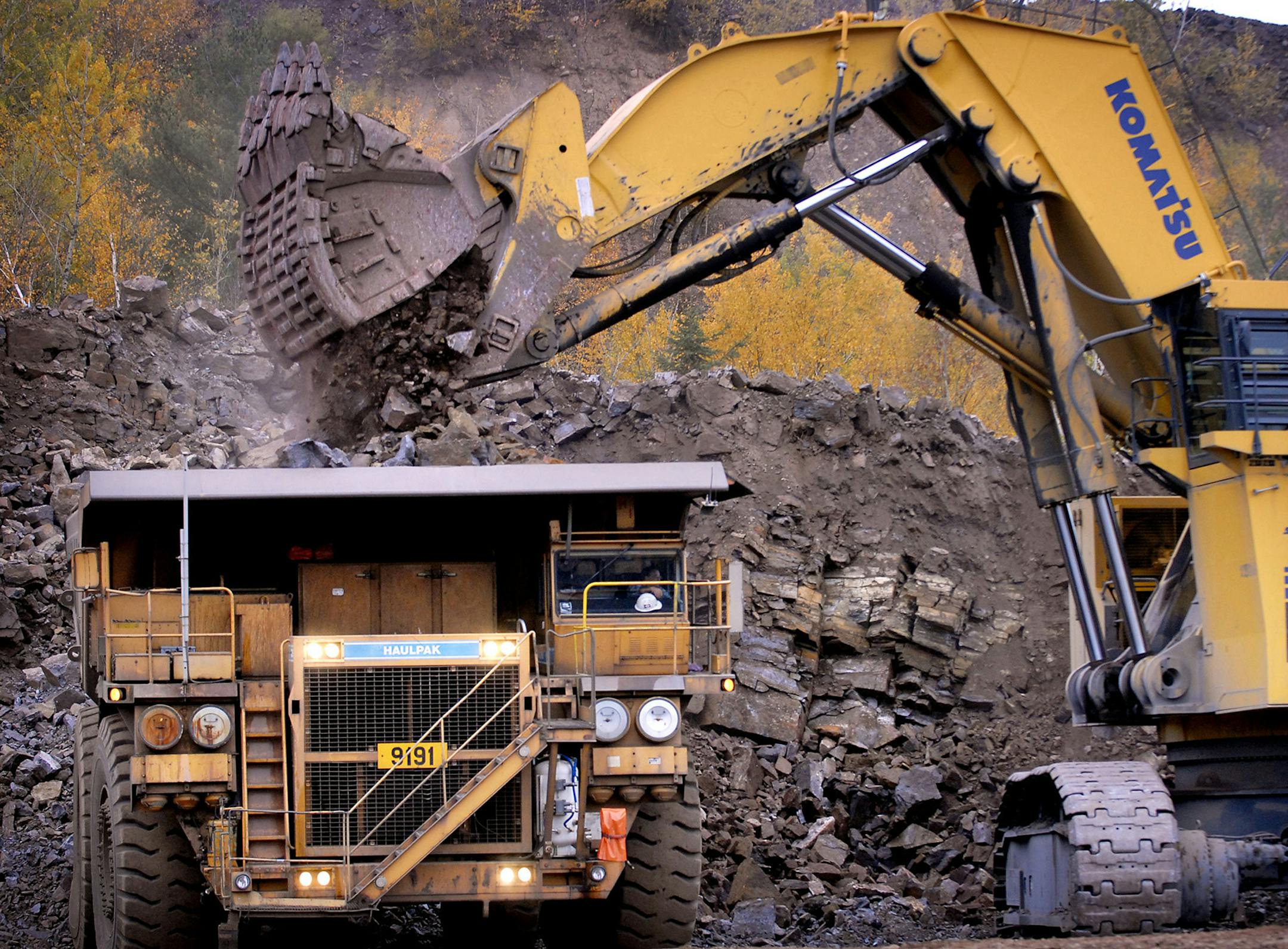 A hydraulic shovel holds 50 tons of taconite ore at a time in Eveleth.