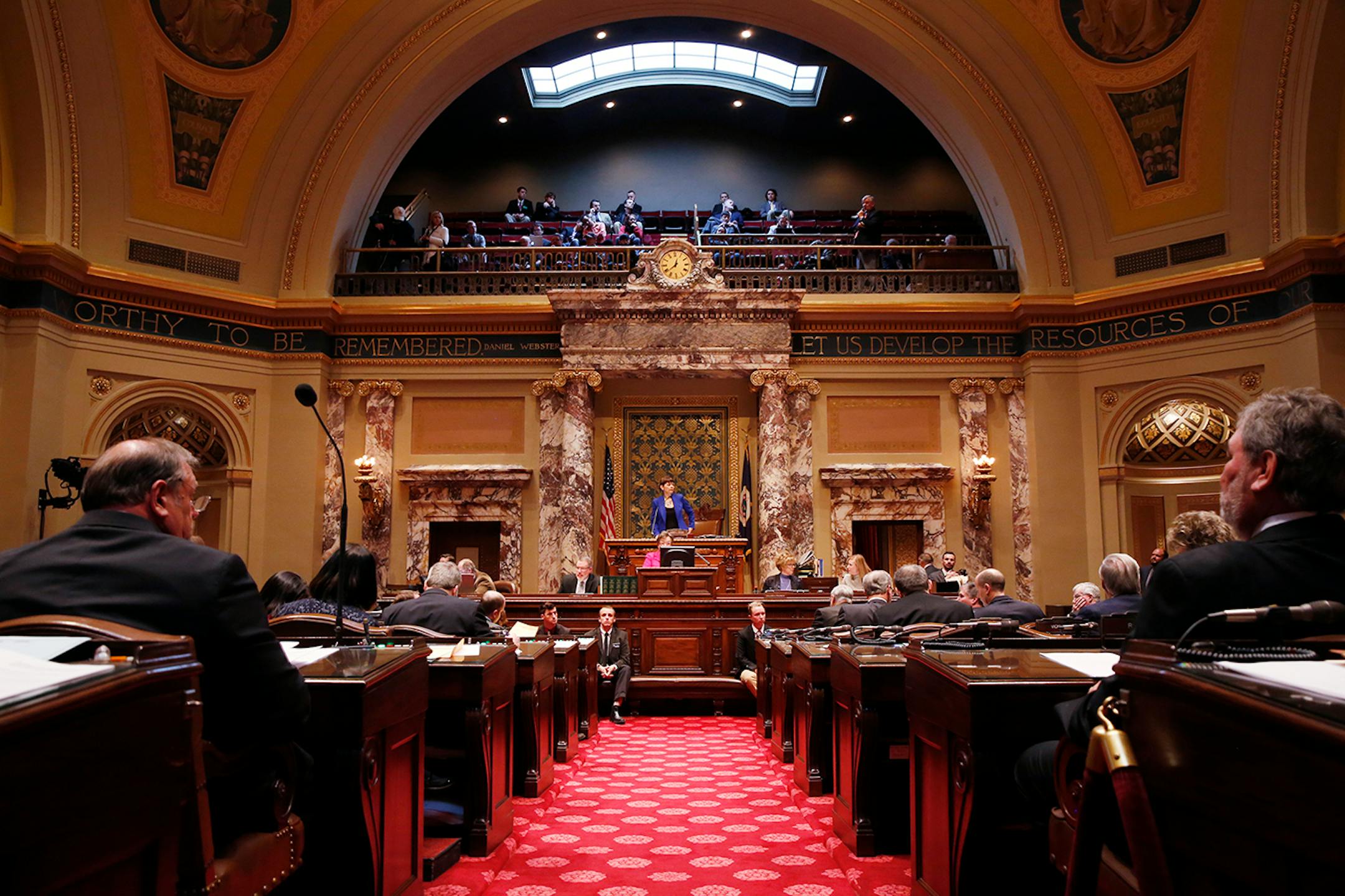 Sen. Sandra Pappas takes the gavel as the reelected president of the Senate during the first meeting of the Minnesota Senate during the 89th Minnesota State Legislature at the State Capitol in St. Paul on Tuesday, January 6, 2015. ] LEILA NAVIDI leila.navidi@startribune.com /
