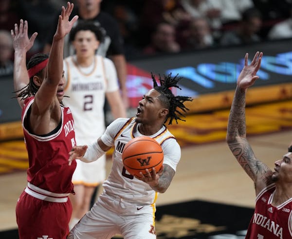 Gophers guard Elijah Hawkins drives to the basket during Wednesday's 70-58 home loss to Indiana.