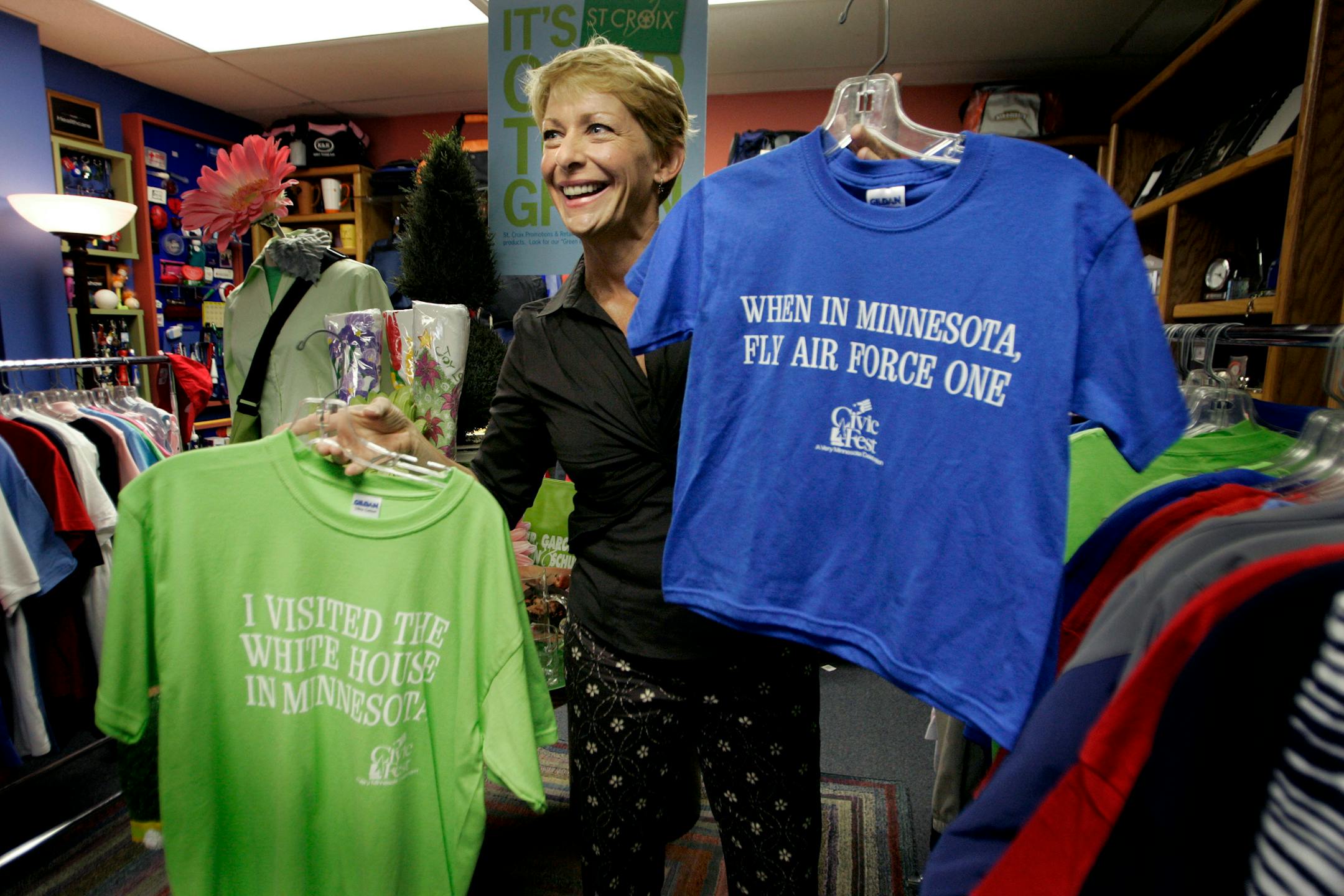 Pady Regnier, CEO and President of St. Croix, showed off t-shirts that will be sold at the upcoming Republican National Convention.