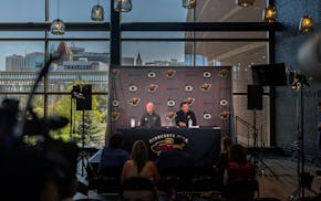 John Hynes and Bill Guerin met media members at the Wild's season ending news conference Tuesday at Xcel Energy Center.