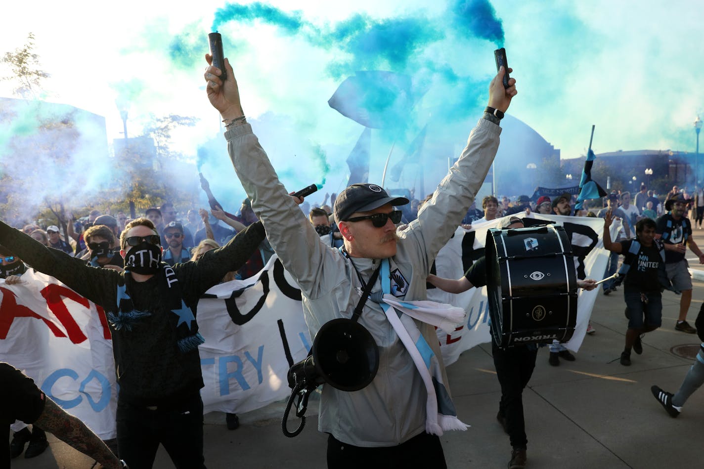 Minnesota United fans sang songs and burned blue smoke bombs as they marched into TCF Bank stadium for Saturday's night's game between the Minnesota United and the Philadelphia Union. ] ANTHONY SOUFFLE &#xef; anthony.souffle@startribune.com Game action from an MLS game between the Minnesota United and the Philadelphia Union Saturday, Sept. 9, 2017 at TCF Bank Stadium in Minneapolis.