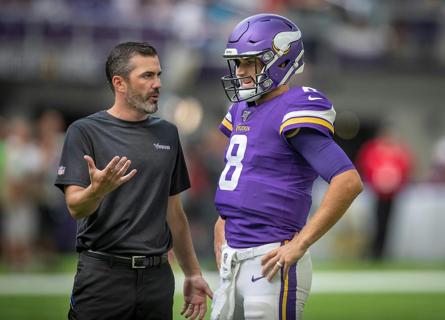 Minnesota Vikings offensive coordinator Kevin Stefanski spoke with quarterback Kirk Cousins before the Minnesota Vikings took on the Arizona Cardinals at US Bank Stadium, Saturday, August 24, 2019 in Minneapolis, MN. ] ELIZABETH FLORES • liz.flores@startribune.com