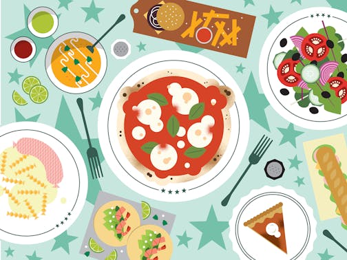 Plates of food on a green background filled with stars