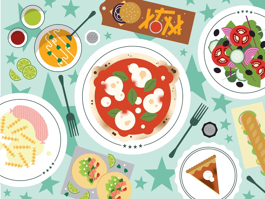 Plates of food on a green background filled with stars