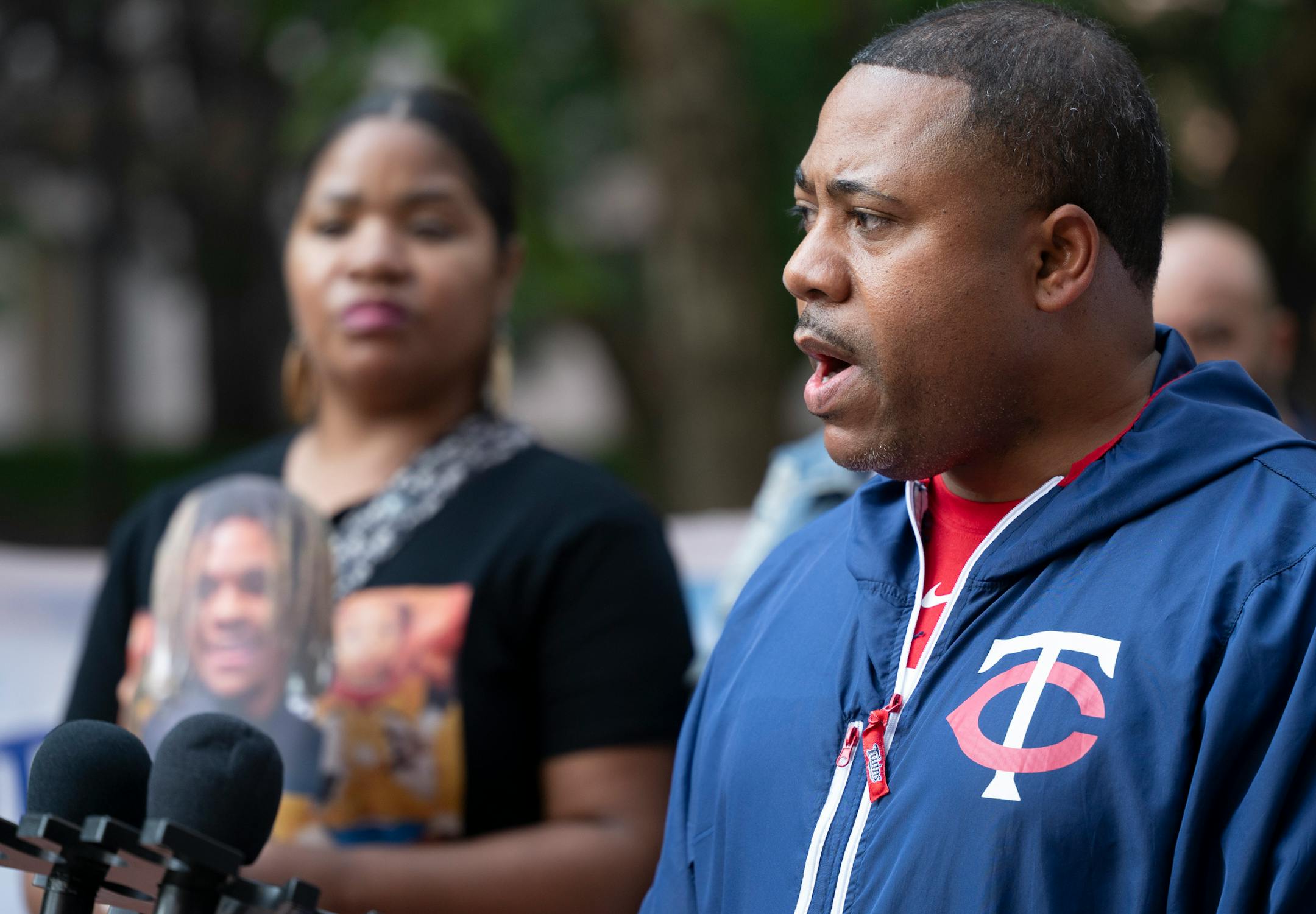 Andre Locke, whose son, Amir Locke, was shot and killed by Minneapolis Police serving a no-knock warrant in 2022, speaks during a rally Friday, June 16, 2023, in Minneapolis, Minn. The US Department of Justice released the findings in its sweeping investigation into the Minneapolis Police Department finding it routinely engaged in a pattern of racist and abusive behavior.