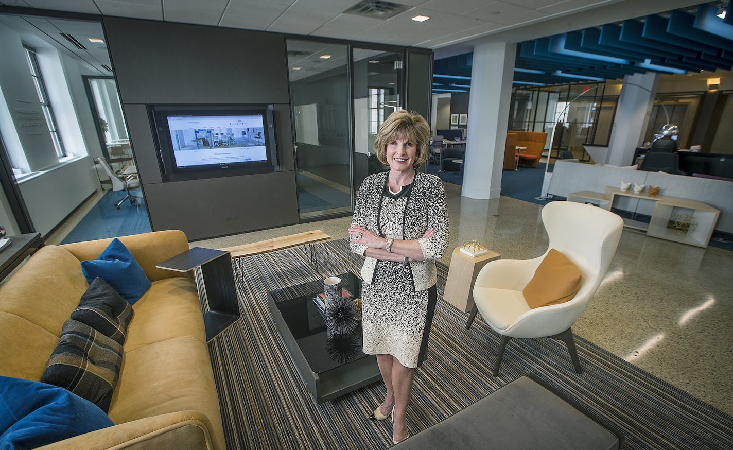 Atmosphere's Carlene Wilson is leading a remodeling of its own Minneapolis office to reflect the future of office design. Here Wilson stood in the main meeting place in their downtown office, Wednesday, September 6, 2017 in Minneapolis, MN. ] ELIZABETH FLORES &#xef; liz.flores@startribune.com