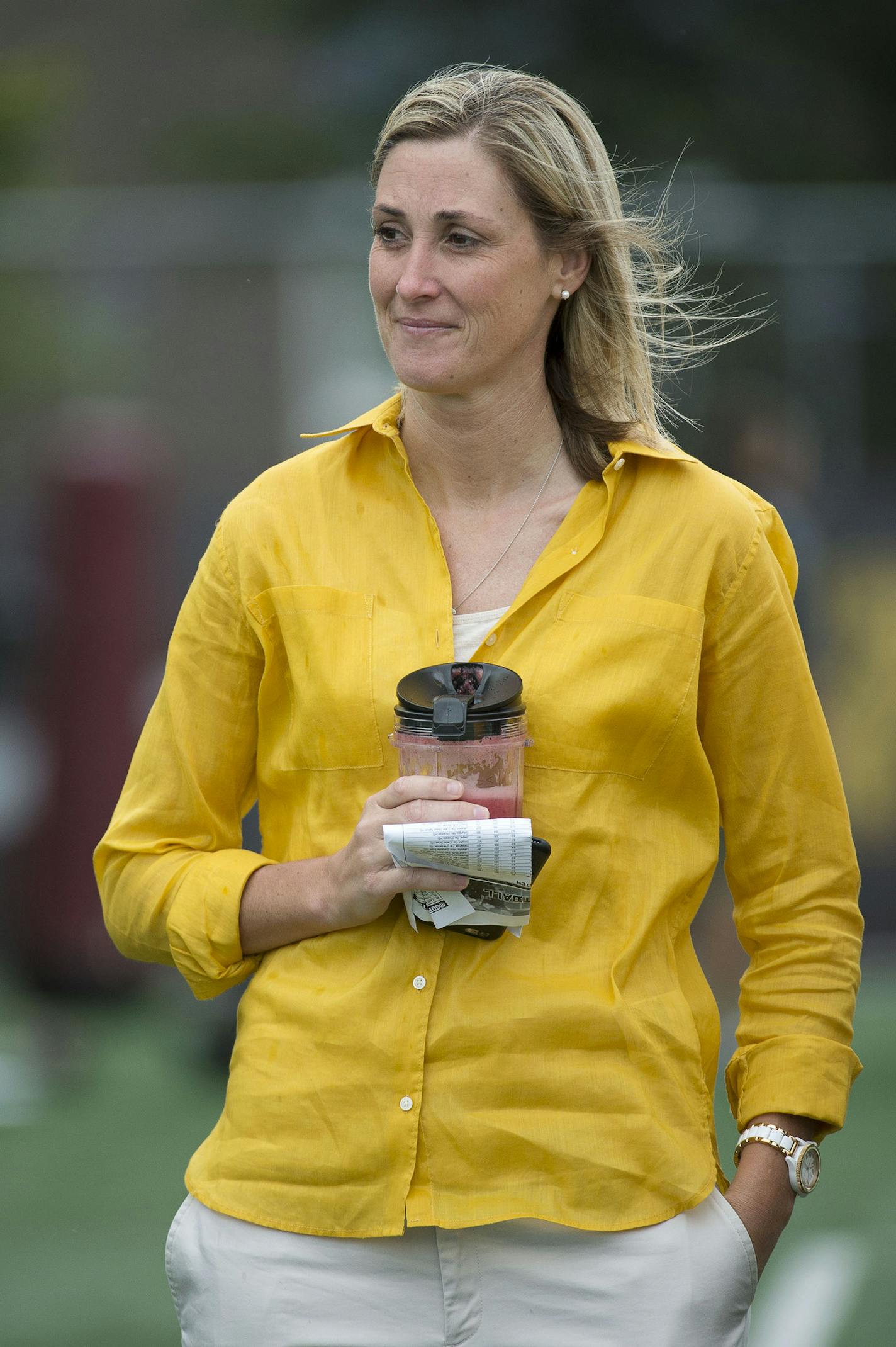 Interim Athletic Director Beth Goetz watched the second practice of the season for Gophers football at Gibson-Nagurski field, in Minneapolis, Minn. on Saturday August 8, 2015. ] RACHEL WOOLF &#xb7; rachel.woolf@startribune.com