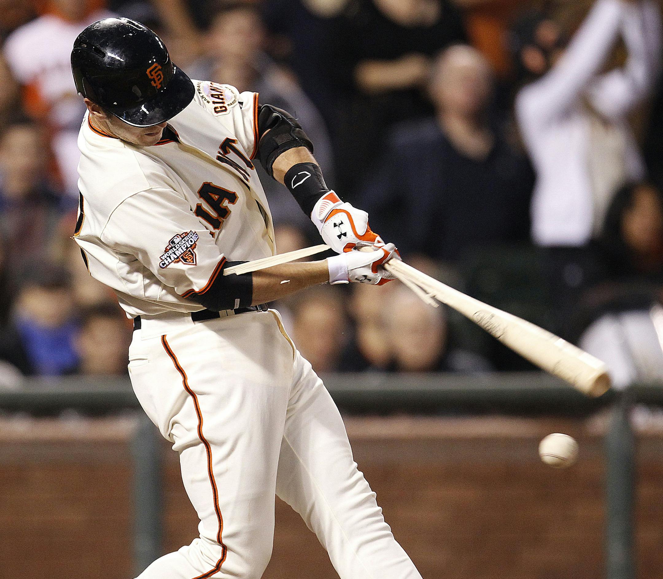 Giants star Buster Posey broke his bat on a single against the Cubs in San Francisco’s 1-0 home loss Saturday.