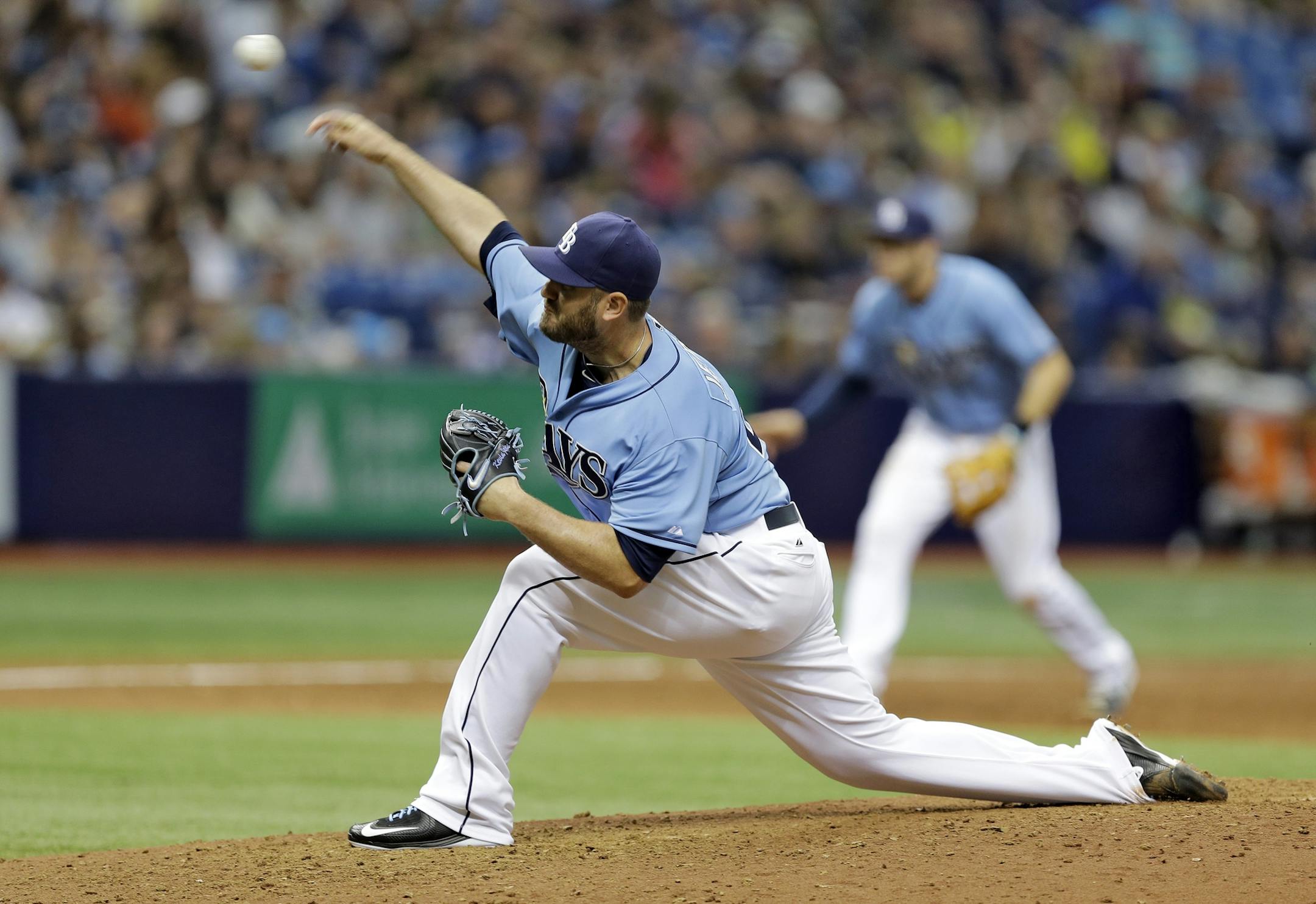 Tampa Bay Rays relief pitcher Kevin Jepsen delivers to the Chicago White Sox during the ninth inning of a baseball game Sunday, June 14, 2015, in St. Petersburg, Fla. (AP Photo/Chris O'Meara) ORG XMIT: OTKCO117