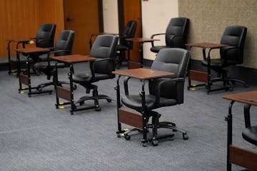 The courtroom C-1856, including these juror seats, where the Derek Chauvin trial is taking place at the Hennepin County Government Center in Minneapol