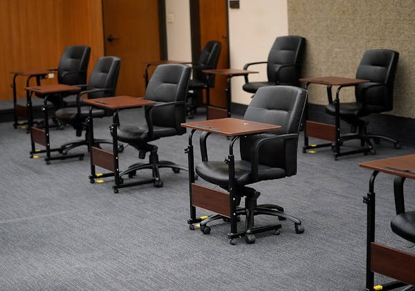 The courtroom C-1856, including these juror seats, where the Derek Chauvin trial is taking place at the Hennepin County Government Center in Minneapol