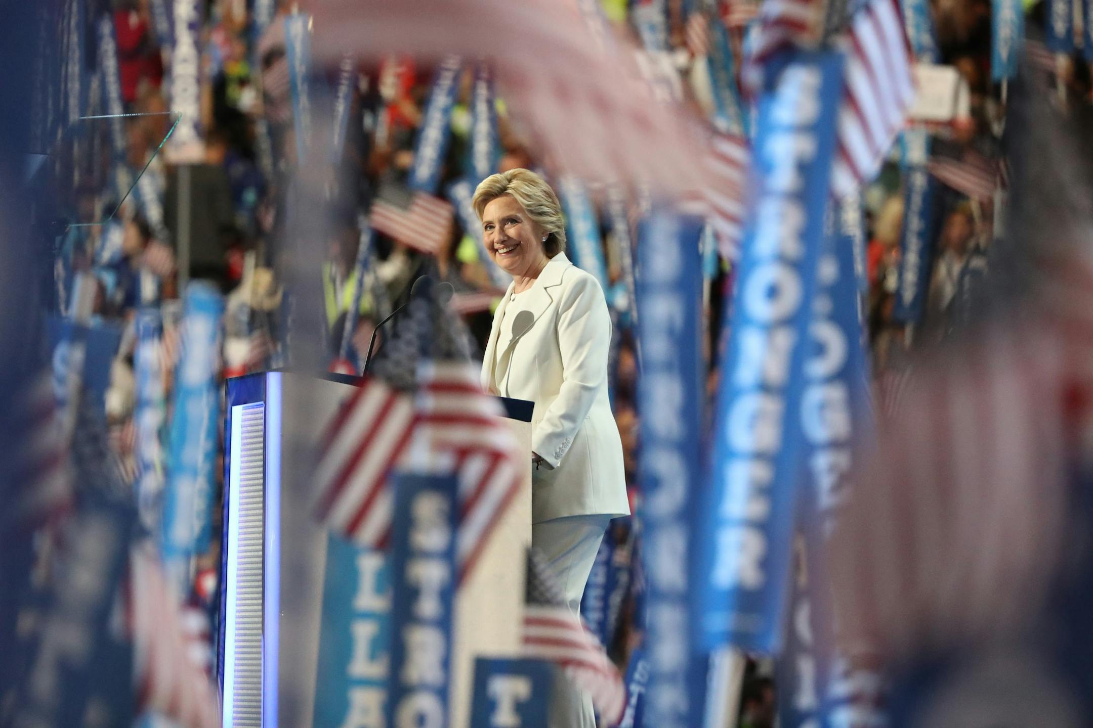 Hillary Clinton accepts the Democratic presidential nomination on stage during the final day of the Democratic National Convention in Philadelphia, July 28, 2016. (Sam Hodgson/The New York Times)