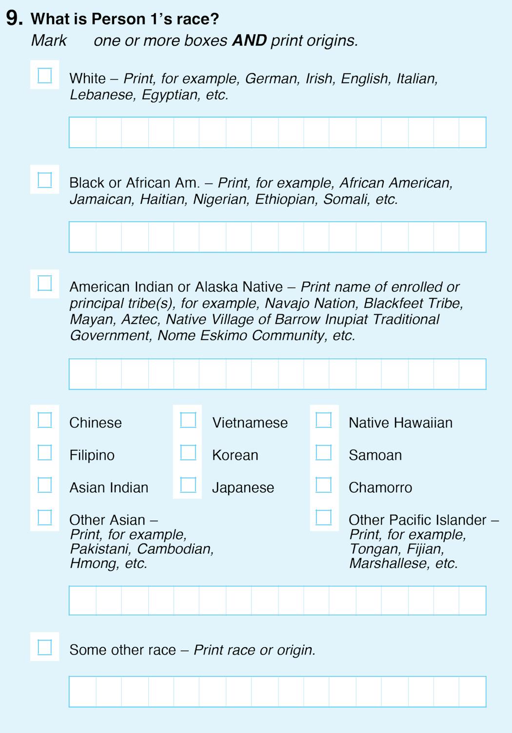 Question 9 about racial groups on the 2020 U.S. Census Bureau form.
