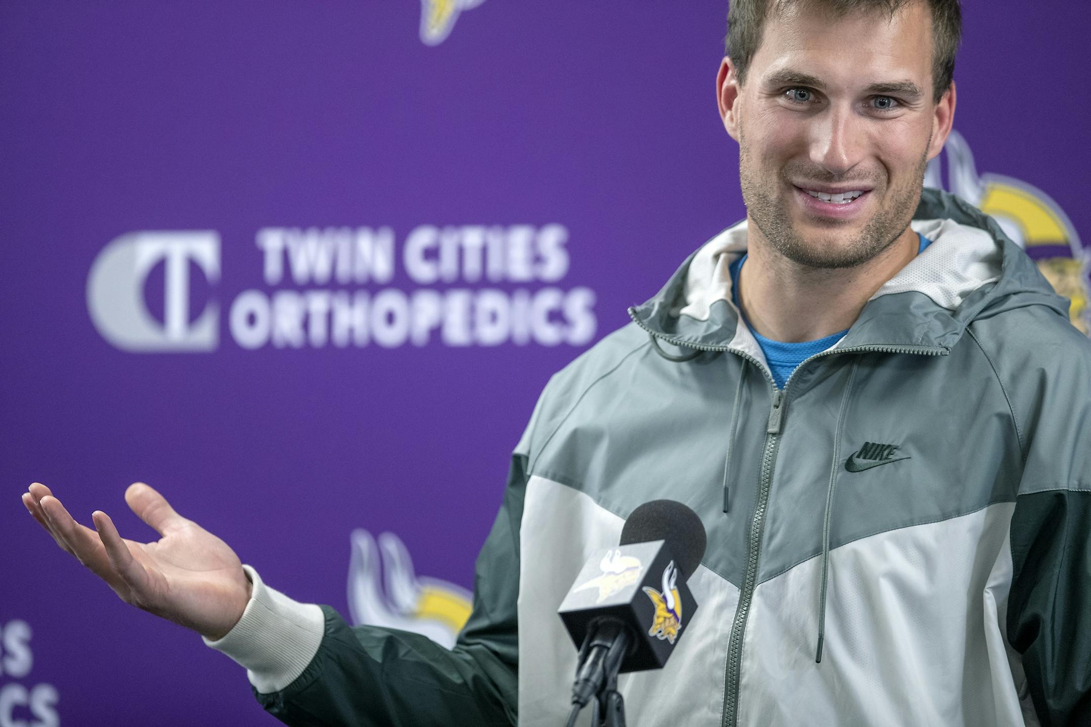 Vikings quarterback Kirk Cousins addressed the media during a press conference at the Twin Cities Orthopedic Center, Tuesday, April 16, 2019 in Eagan, MN.