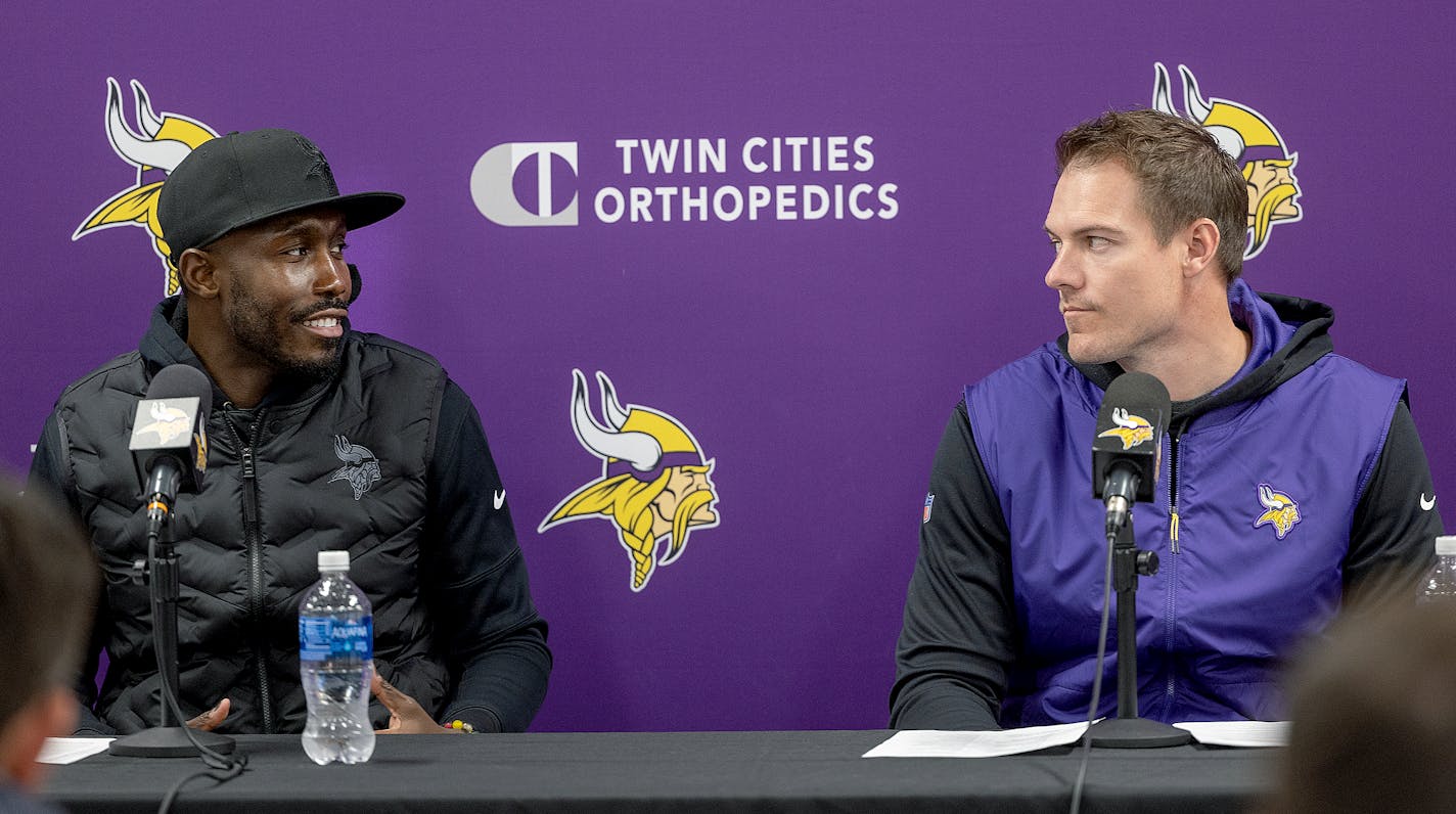 Vikings General Manager Kwesi Adofo-Mensah, and Head Coach Kevin O'Connell address the media a week before the draft at the TCO Performance Center in Eagan, Minn., on Thursday, April 13, 2023. ] Elizabeth Flores • liz.flores@startribune.com