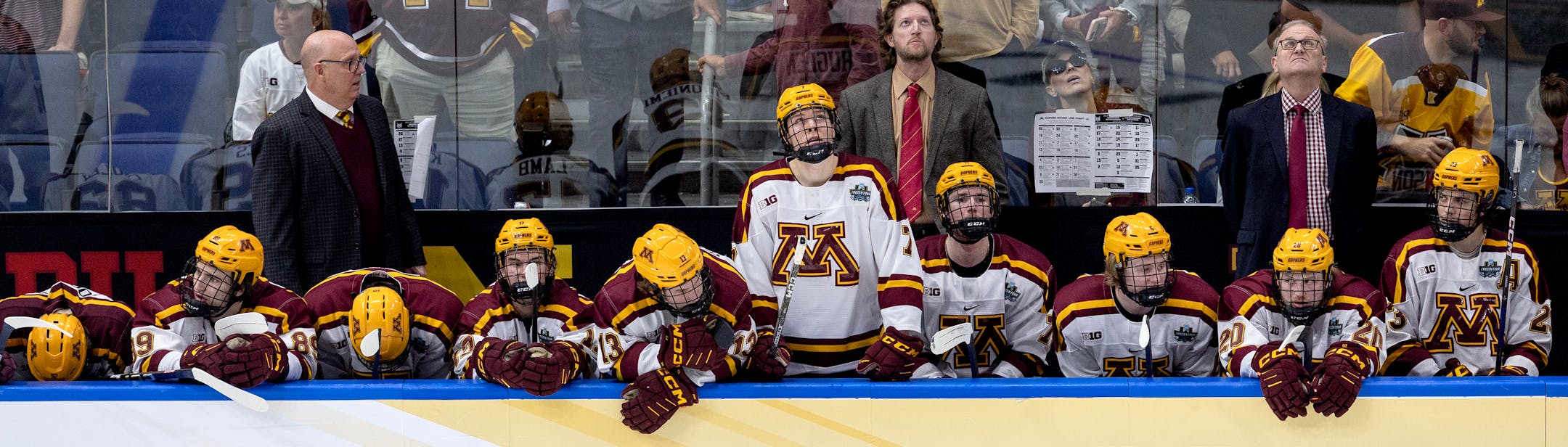 The Minnesota bench at the end of the game, after losing to Quinnipiac in the NCAA men's hockey national championship.