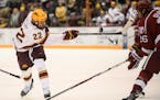 Minnesota Golden Gophers forward Tyler Sheehy (22) attempted a shot on Harvard's goal in the first period Friday. ] AARON LAVINSKY &#x2022; aaron.lavi
