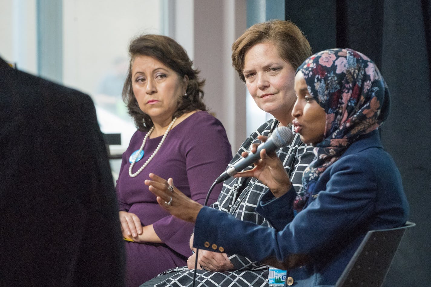 The Fifth Congressional District candidates squared off in a debate on Aug. 2. The debate included DFL candidates, from left, Patricia Torres-Ray, Margaret Anderson-Kelliher and Ilhan Omar.