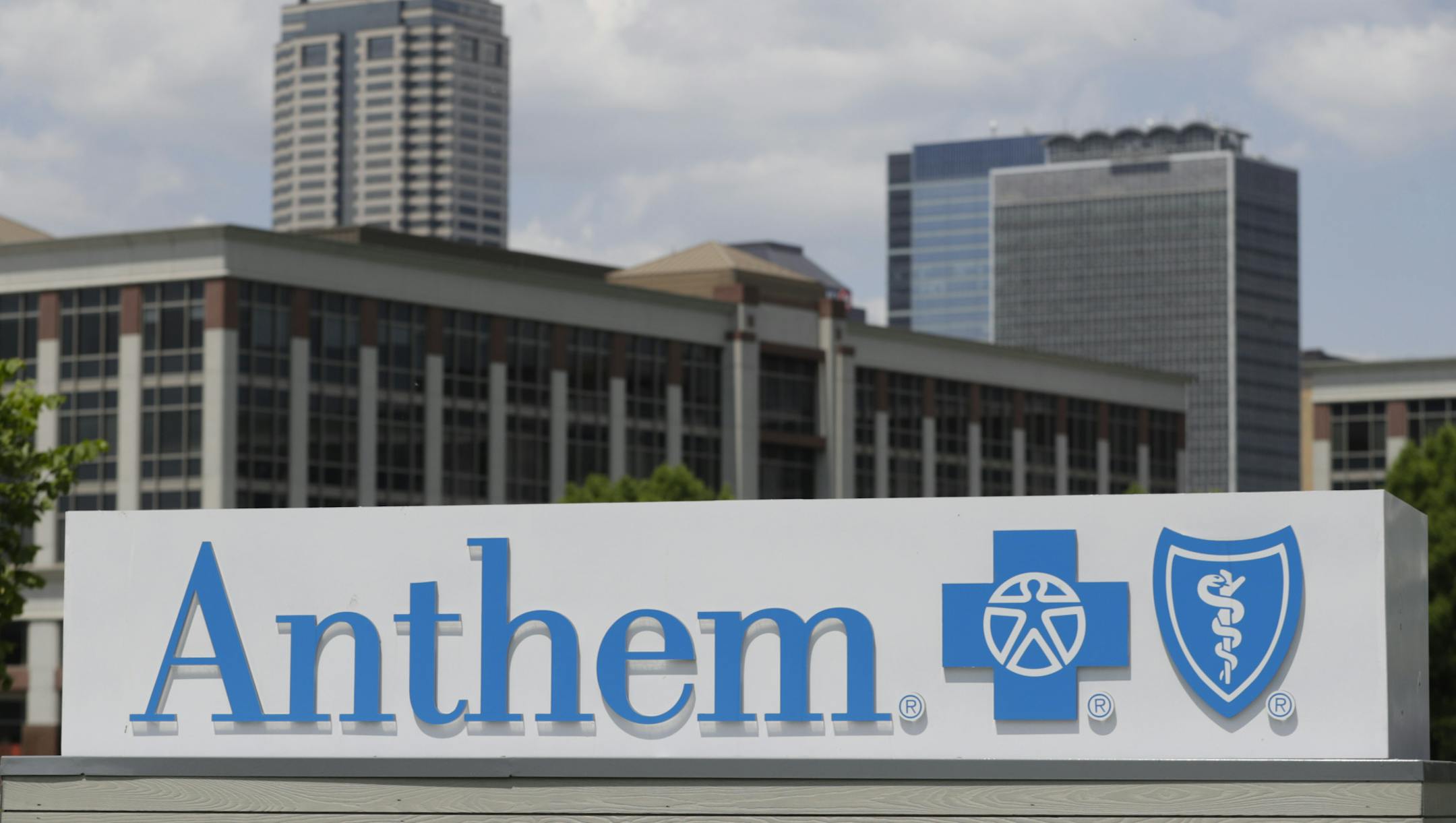 Signage on the outside of the corporate headquarters building of health insurance company Anthem is shown in Indianapolis, Tuesday, May 14, 2019. (AP Photo/Michael Conroy) ORG XMIT: NYBZ815