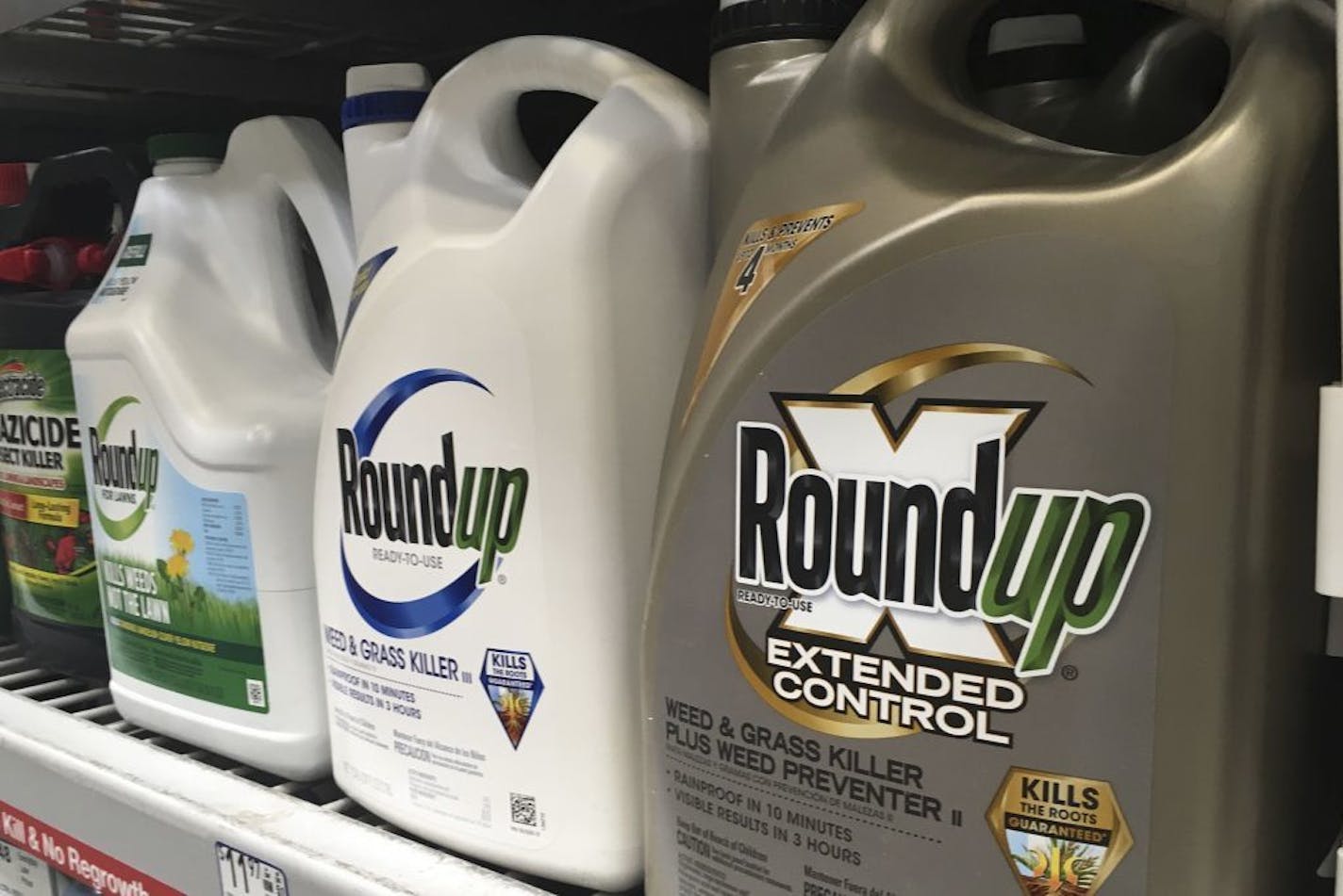 FILE - This Feb. 24, 2019 file photo shows containers of Roundup weed killer are displayed on a store shelf in San Francisco. A federal court jury has awarded $80 million in damages to Edwin Hardeman, 70, in a high-stakes trial over his claim that Roundup weed killer caused his cancer. The six-person jury in San Francisco returned the amount for Hardeman on Wednesday, March 27, 2019. The same jury previously found that Roundup was a substantial factor in his non-Hodgkin's lymphoma.