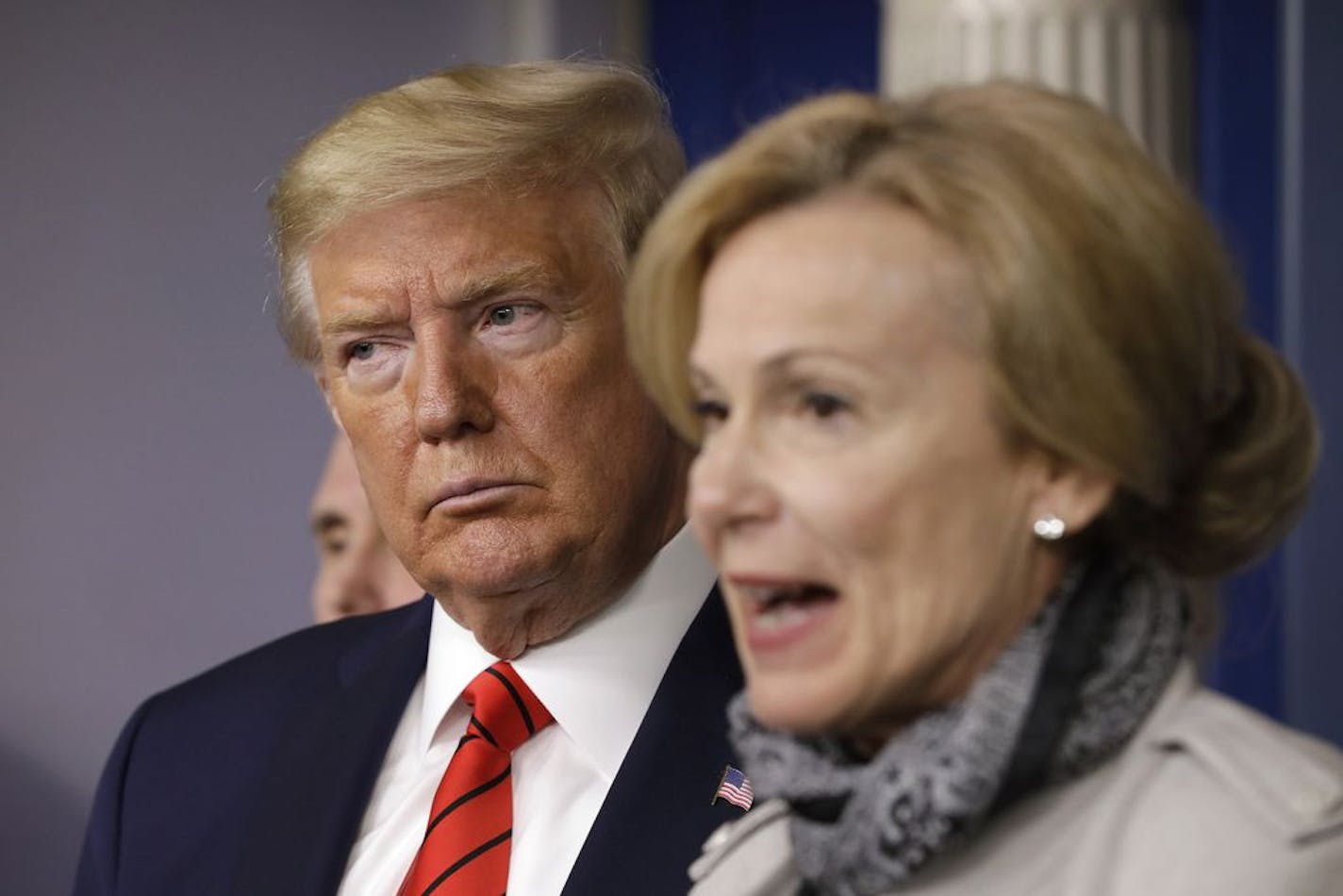 U.S. President Donald Trump listens to White House Coronavirus Response Coordinator, Dr. Deborah Birx during a press briefing on the coronavirus COVID-19 pandemic with members of the Coronavirus Task Force on Thursday, March 19, 2020 at the White House in Washington, D.C.