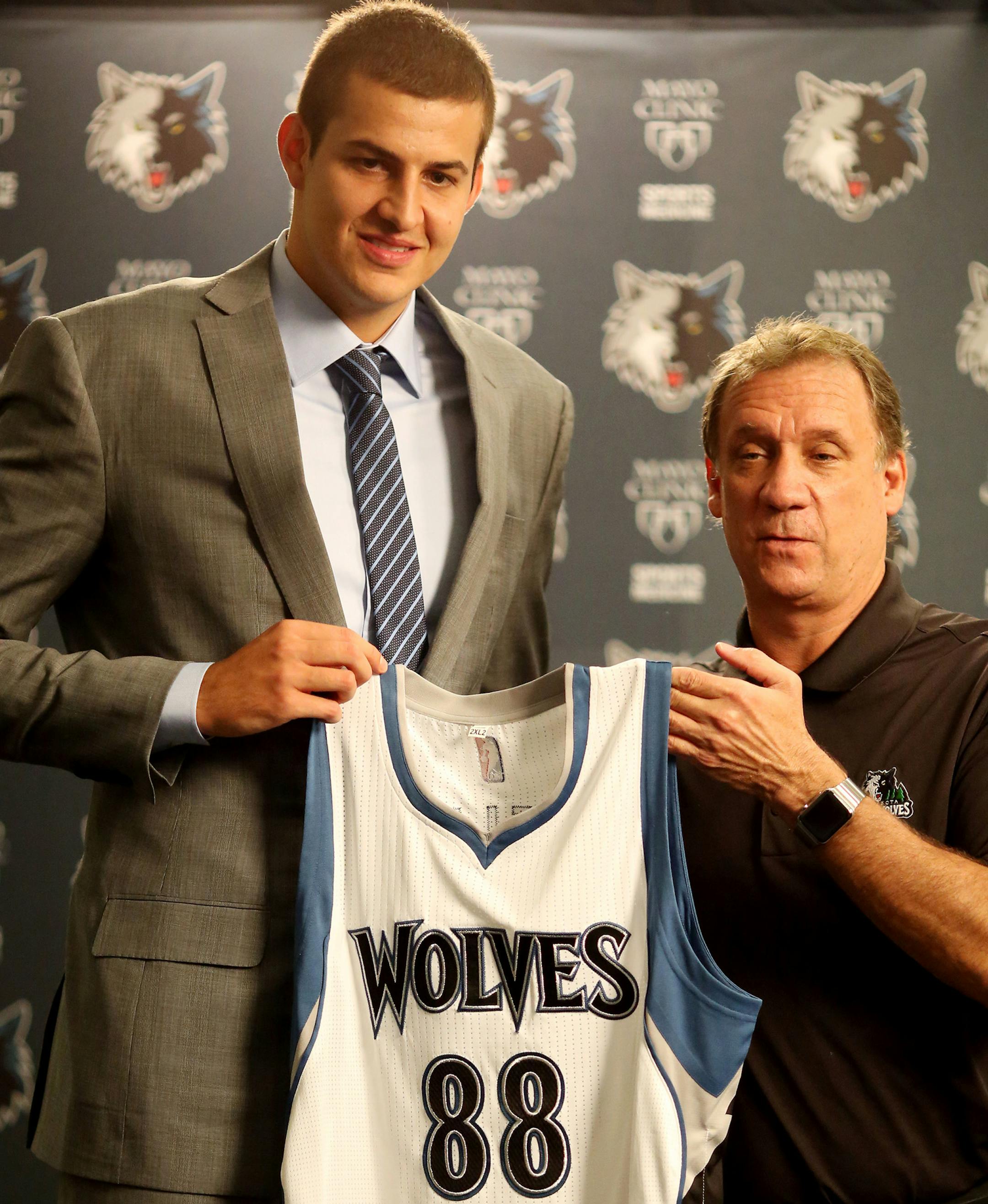 Nemanja Bjelica, Euro League MVP left posed with for a photo with Flip Saunders President of Basketball Operations of Minnesota Timberwolves Wednesday July 15 2015 in Minneapolis MN. ] Jerry Holt/ Jerry.Holt@Startribune.com