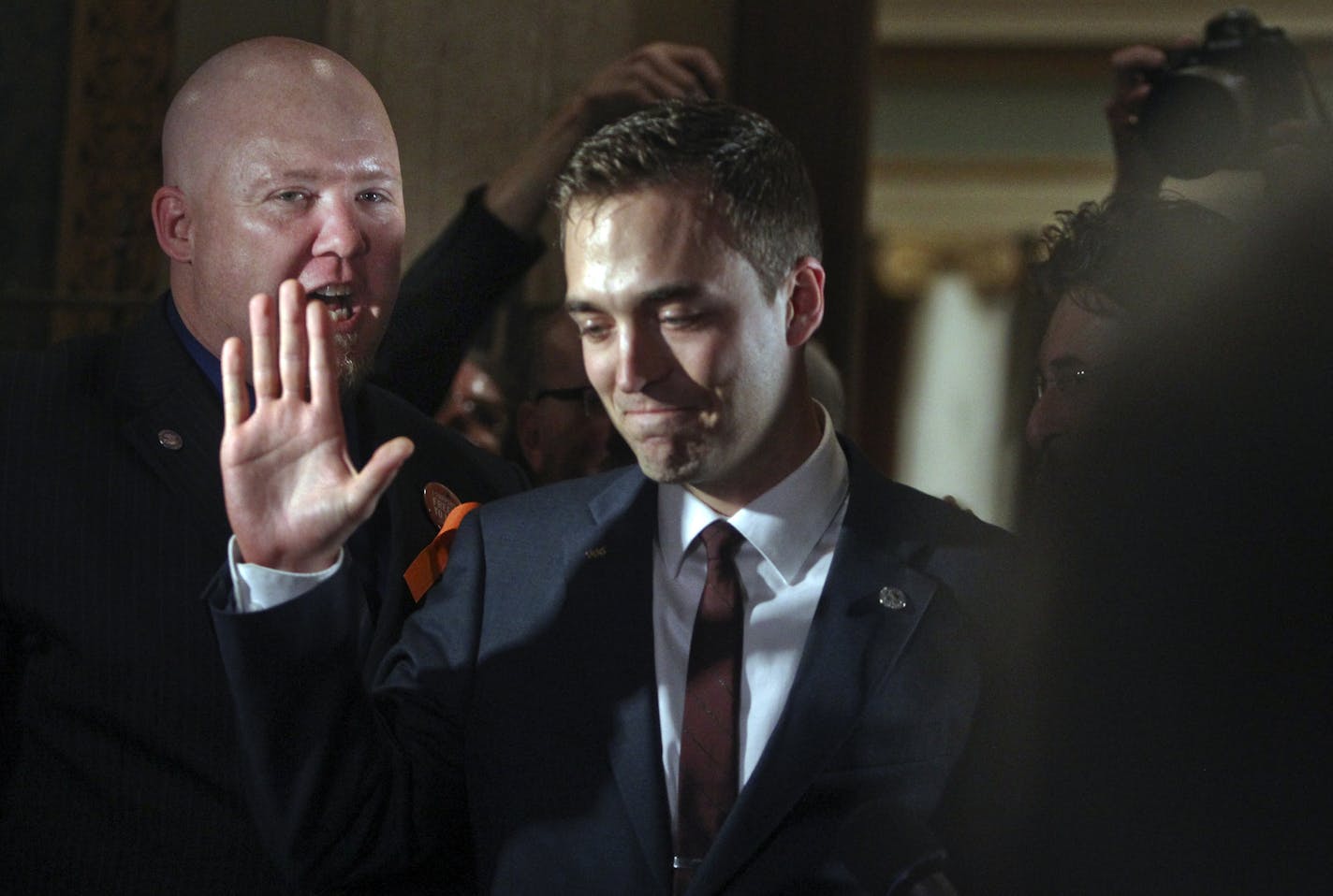 DFL representatives Jason Isaacson, left to right, and Joe Radinovich after the gay marriage bill passed the houseThursday, May 9, at the State Capitol in St. Paul, MN.](DAVID JOLES/STARTRIBUNE) djoles@startribune.com In a historic vote, a bipartisan coalition in the Minnesota House passed a measure that would legalize same-sex marriage in the state. The dramatic vote came after a passionate, hours-long debate that culminated when several Republican members who had been privately wrestling with