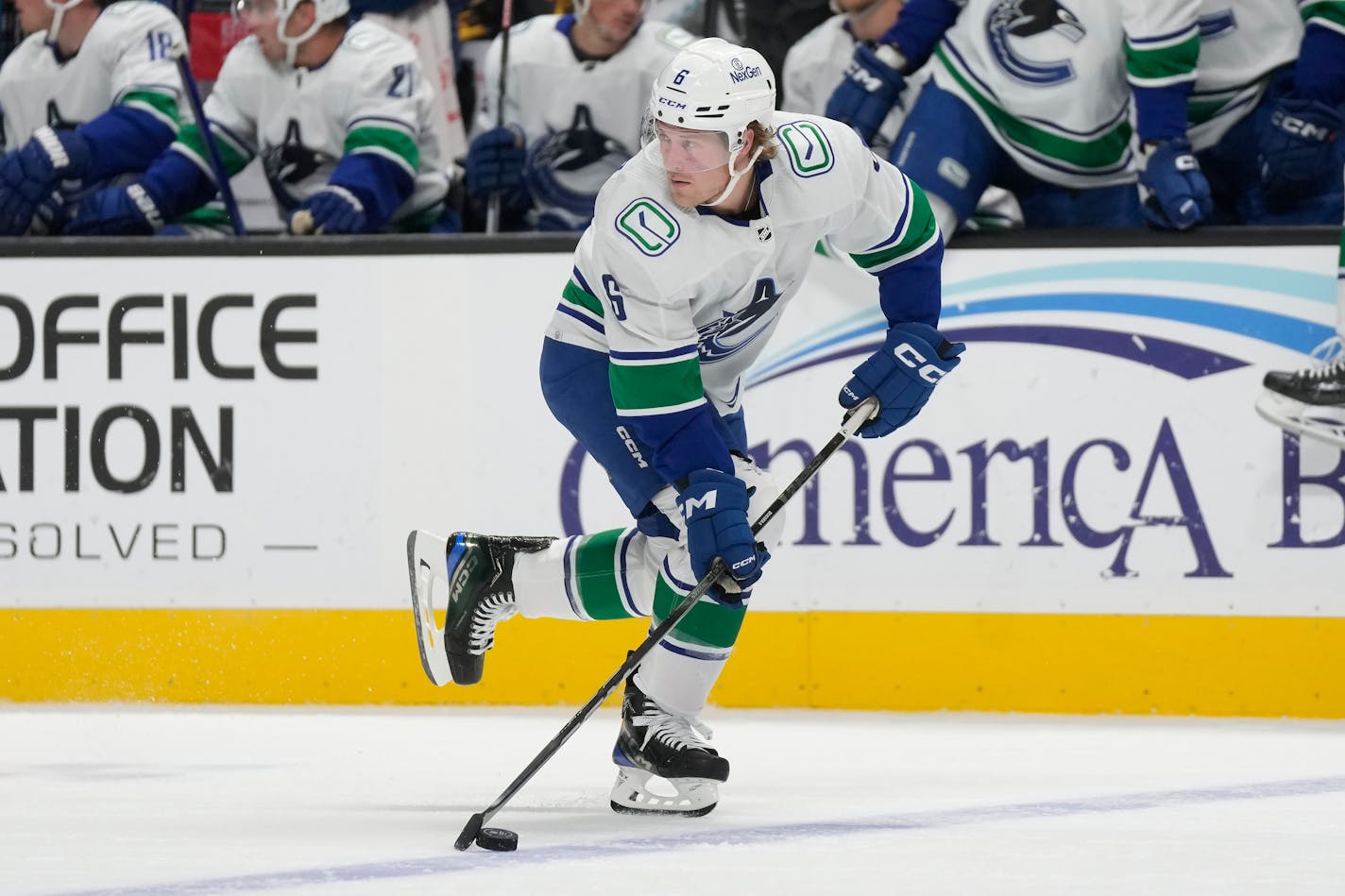 Vancouver Canucks right wing Brock Boeser skates with the puck against the San Jose Sharks during the first period of an NHL hockey game in San Jose, Calif., Thursday, Nov. 2, 2023. (AP Photo/Jeff Chiu)