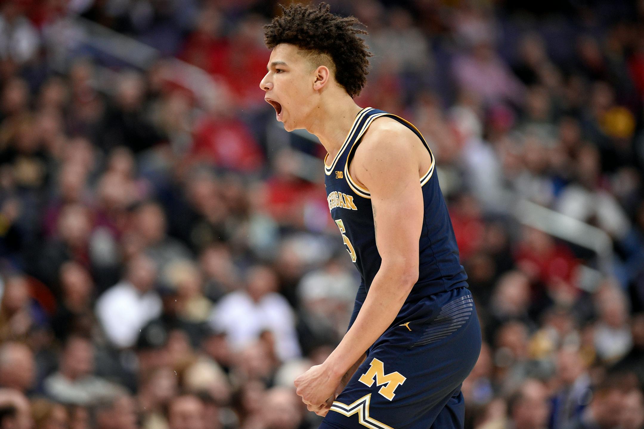 Michigan forward D.J. Wilson reacts during the first half of an NCAA college basketball game against Purdue in the Big Ten tournament, Friday, March 10, 2017, in Washington.