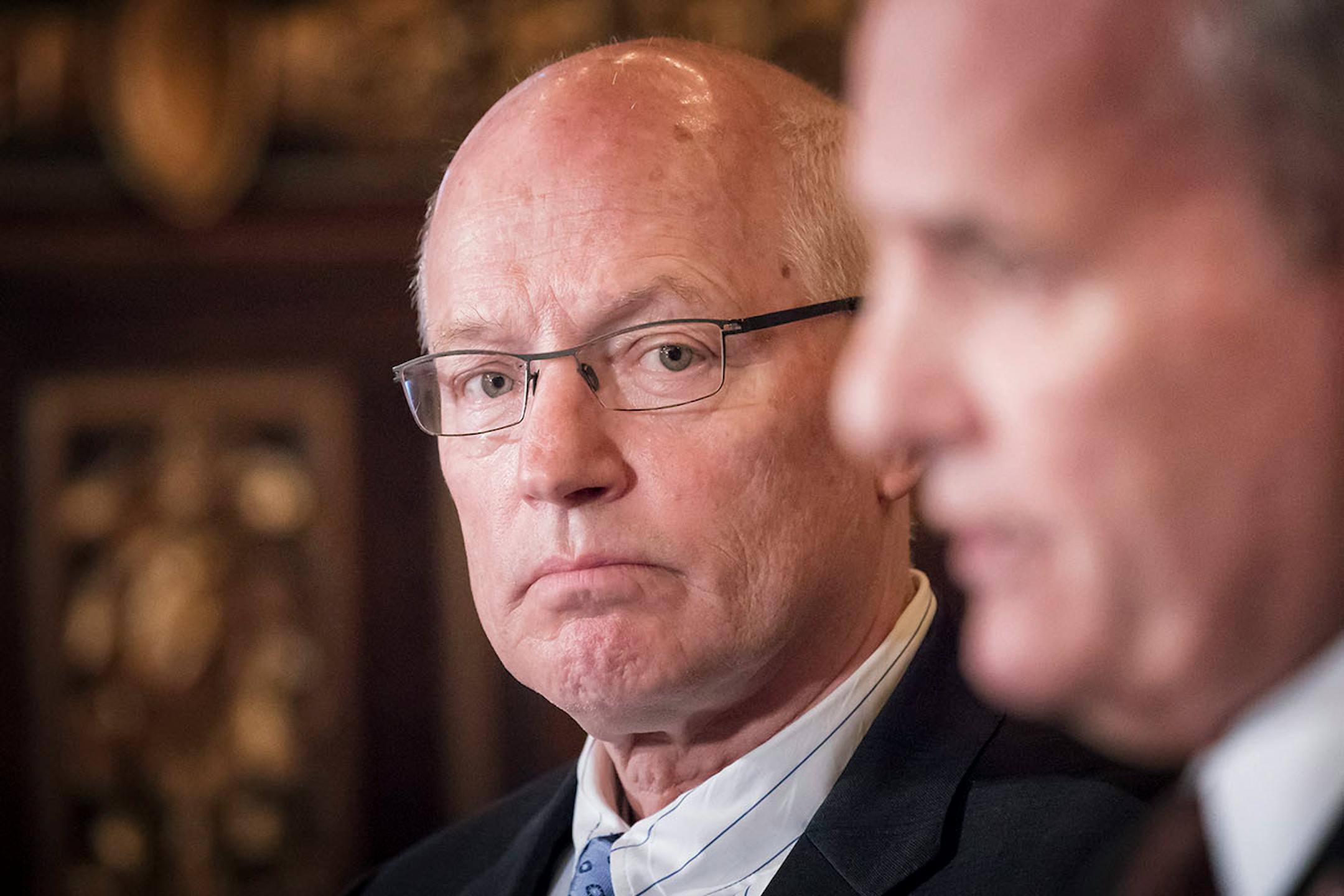 Commissioner Frans listened as Governor Dayton spoke about his education plan at Monday's press conference.