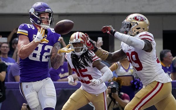 Kyle Rudolph (82) caught a 11-yard touchdown pass against San Francisco in the season opener.