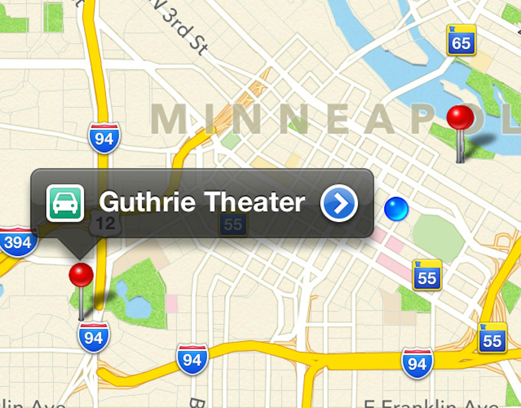 A search for the Guthrie Theater in Minneapolis on Apple Maps sends people to the old Guthrie Theater near Walker Art Center and Loring Park, not to its location near the Mississippi River. The Guthrie moved in 2006. The current location of the Guthrie does show up, but searches send you to the previous location.
