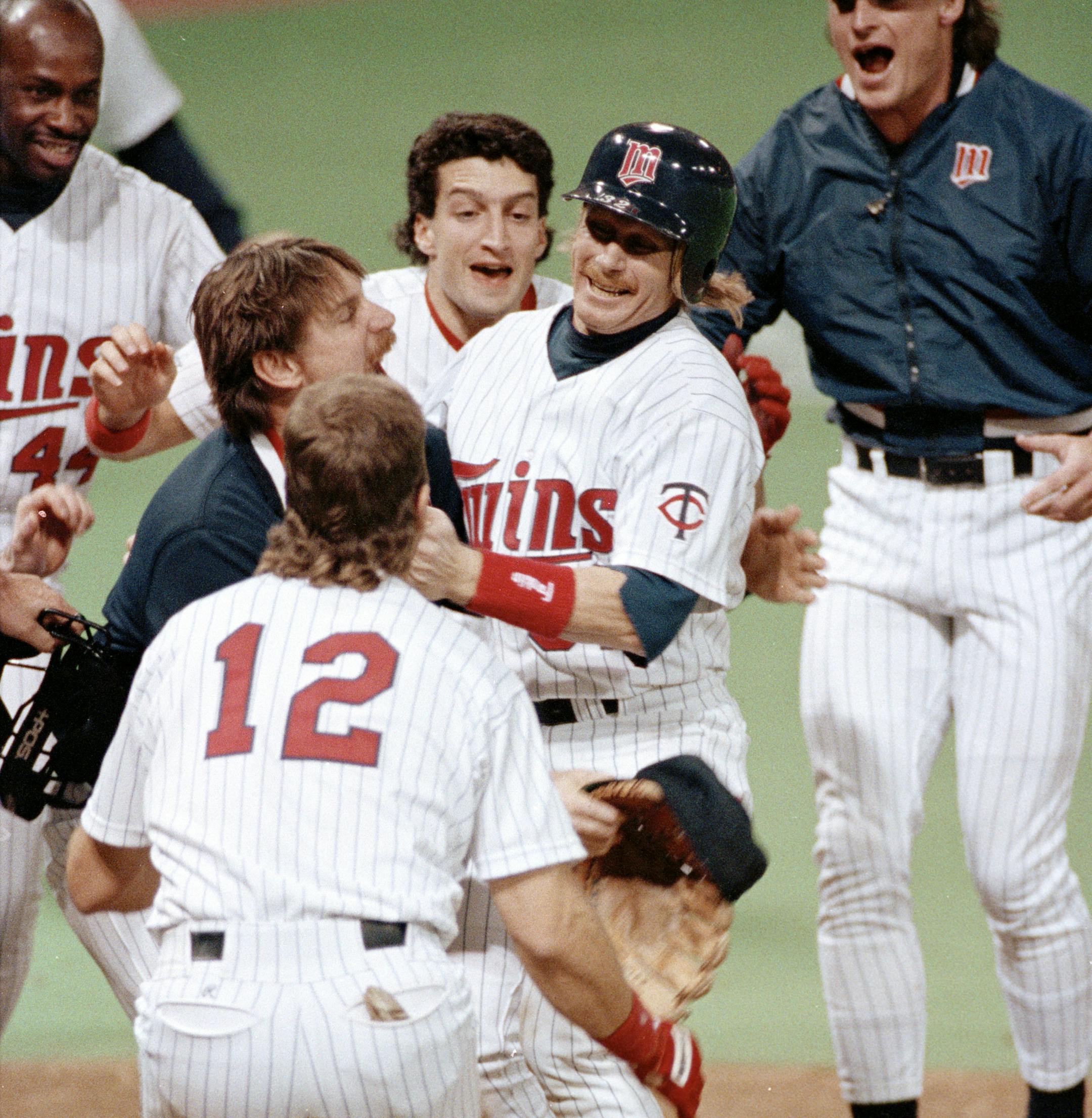 October 27, 1991. Dan Gladden was mobbed by teammates as he touched home plate in the 10th inning at the Metrodome Sunday night, scoring the only run of a 1-0 Minnesota victory over Atlanta in Game 7 of the World Series. Jack Morris, at left, pitched all 10 innings and was named the Series' most valuable player.