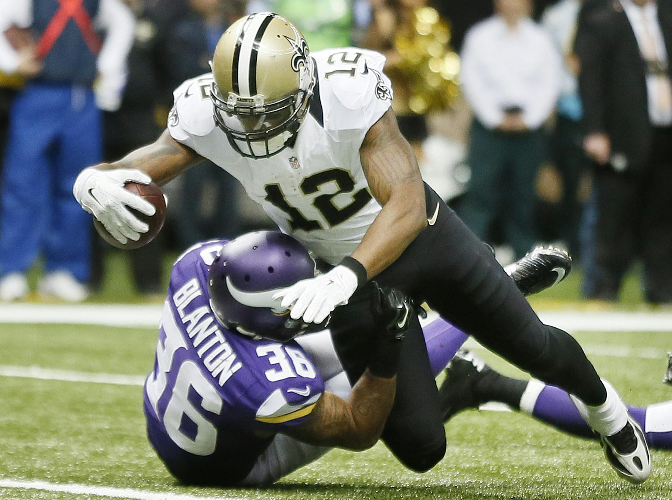 New Orleans Saints wide receiver Marques Colston (12) scored a touchdown over Minnesota Vikings strong safety Robert Blanton (36) in the third quarter. The Minnesota Vikings played the New Orleans Saints at the Mercedes-Benz Superdome Sunday September 21 , 2014 in New Orleans ,LA. ] Jerry Holt Jerry.holt@startribune.com
