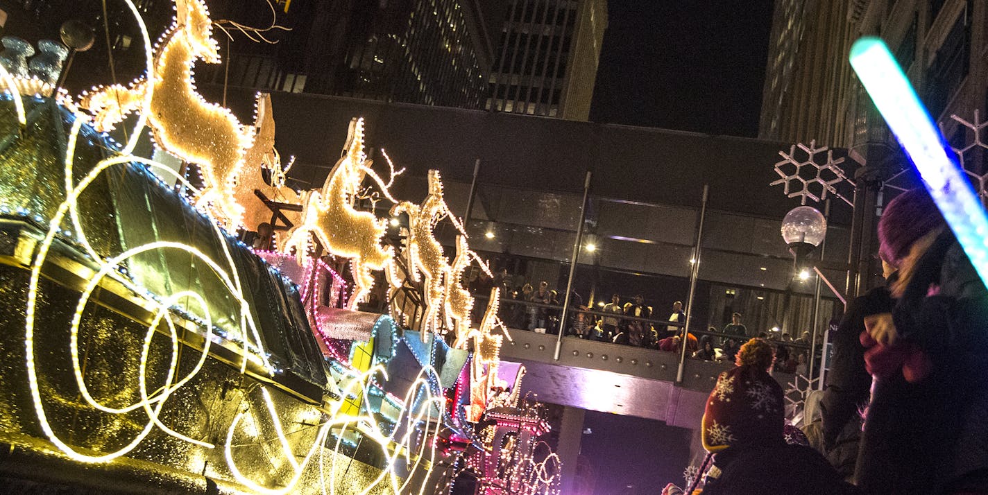 Santa's sleigh closes first night of the 2013 Target Holidazzle parade on Nicollet Mall in Minneapolis November 29, 2013. (Courtney Perry/Special to the Star Tribune) ORG XMIT: MIN1311292056161772