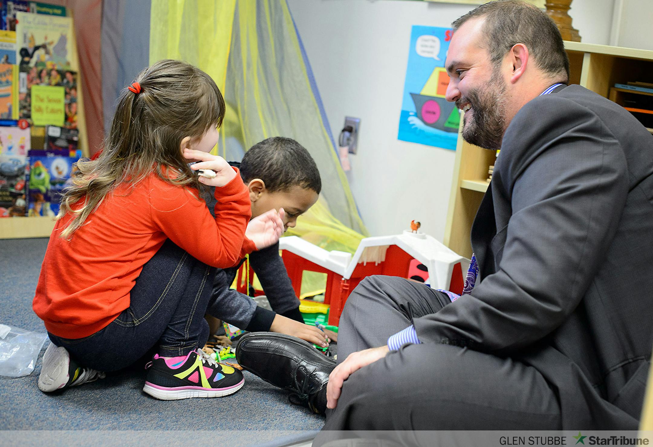 Rep. Dan Schoen, DFL- St. Paul Park, played farm with some Pre K students.     ] GLEN STUBBE * gstubbe@startribune.com  Friday, March 20, 2015  Governor Mark Dayton, Education Commissioner Brenda Cassellius, and area legislators will visit a preschool classroom at Newport Elementary School.  Senator Katie Sieben, Senator Susan Kent, and Representative Dan Schoen, visited with preschool students, teachers, and parents, and discuss the impact of their proposal to send every Minnesota four-year-old to preschool.