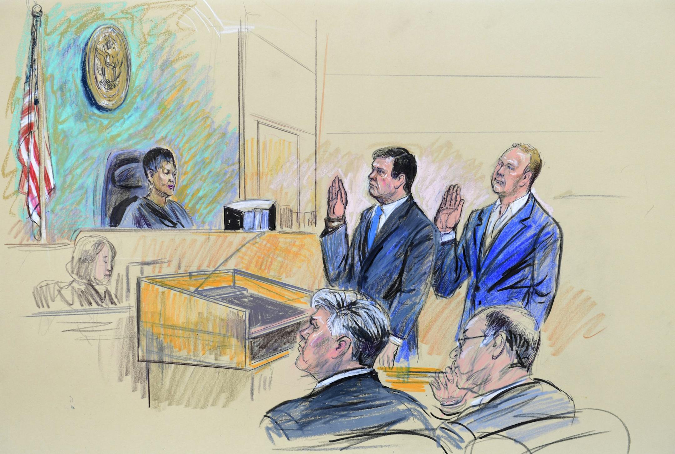 A court artist drawing shows President Donald Trump's former campaign chairman, Paul Manafort, center standing and Manafort's business associate, Rick Gates, in federal court in Washington, Monday, Oct. 30, 2017, before U.S. Magistrate Judge Deborah A. Robinson. Seated at front left is Manafort's attorney Kevin Downing. Manafort and Gates have pleaded not guilty following their arrest on charges related to conspiracy against the United States and other felonies. The charges are the first from th