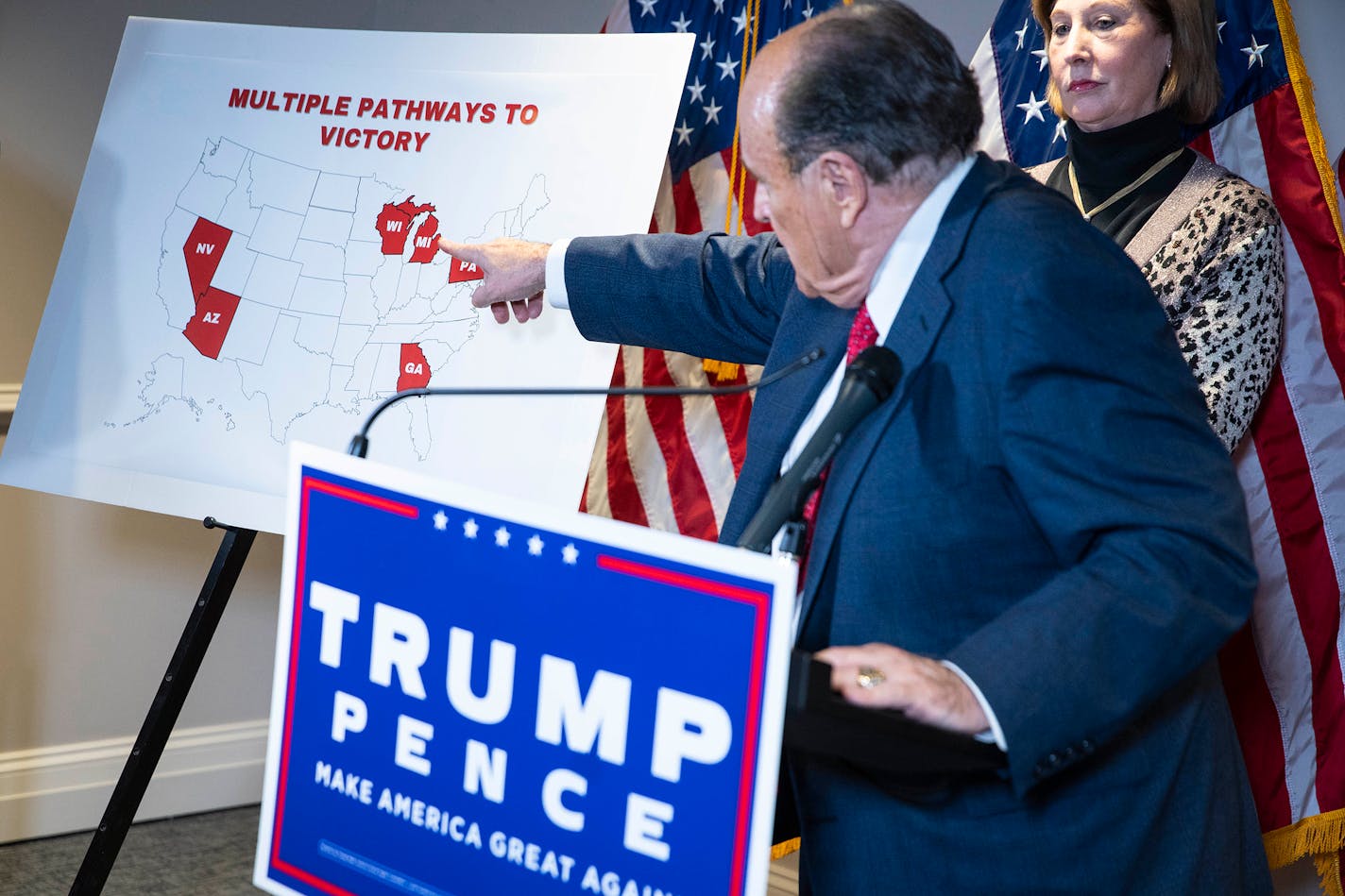 Rudy Giuliani speaks during a news conference about lawsuits contesting the results of the presidential election on Nov. 19, 2020. MUST CREDIT: Sarah Silbiger